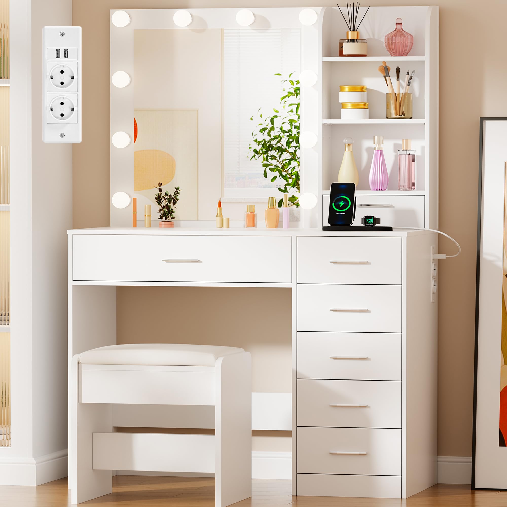 BEWISHOME Toeletta Trucco con Specchio e luci LED,luminosità Regolabile,Tavolo da Trucco con Presa,Sgabello,7 Cassetti e 3 Ripiani Aperti,Moderno Bianco Postazione Trucco per Camera da Letto EFST51W