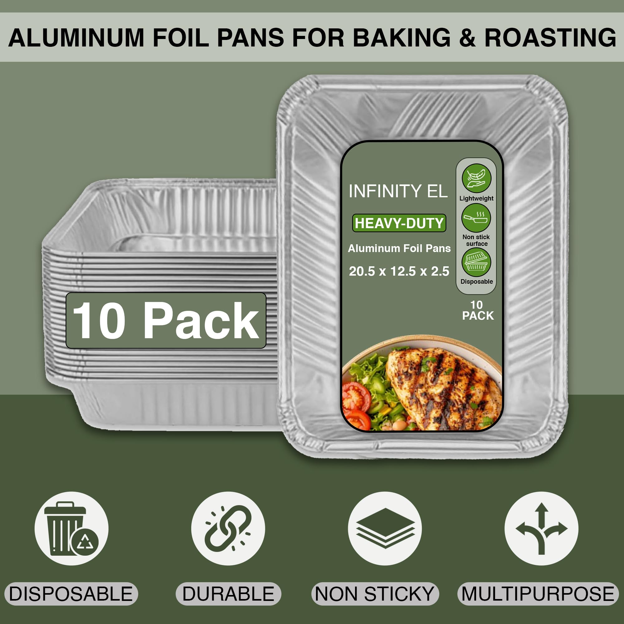 Sartenes desechables de aluminio de 20.5 x 12.5 x 2.5 pulgadas, bandeja de aluminio duradera para hornear, sartenes de aluminio resistentes para catering, bufé de rozaduras y preparación de comidas,