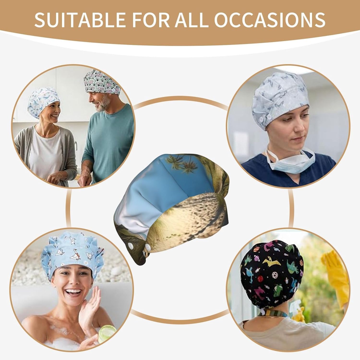 Beach Themed Bouffant Cap with Buttons, Sweatband Cap Black