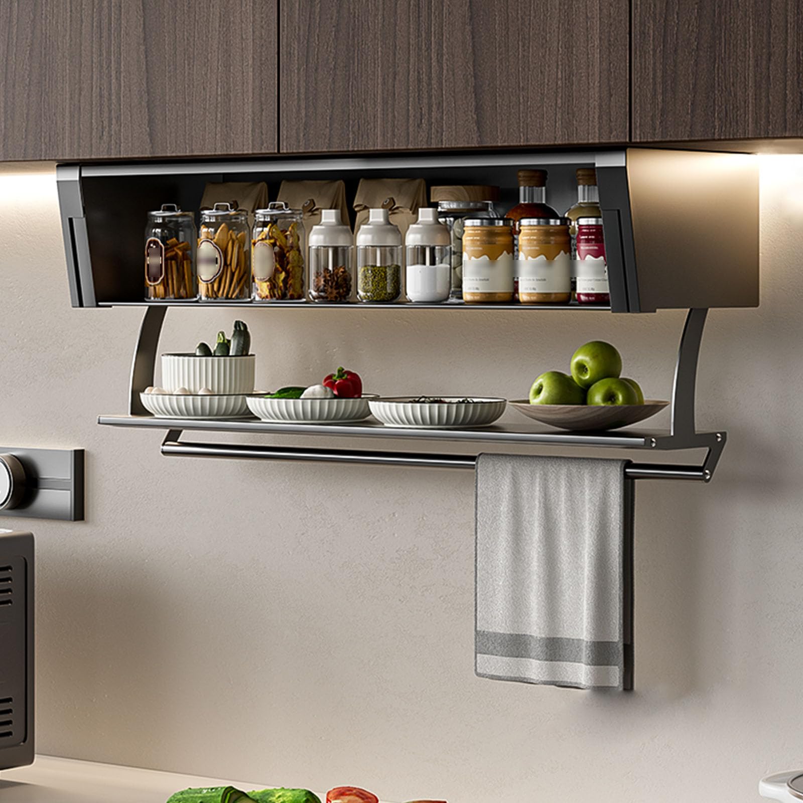 Pull-Out Cabinet Organizer 2-Tier Wall Pull Down Shelf Lifting and Foldings Cabinet Available In 15.7-35.4in Freely Adjustable Suitable for Kitchens and Bathrooms 60cm/23.6in