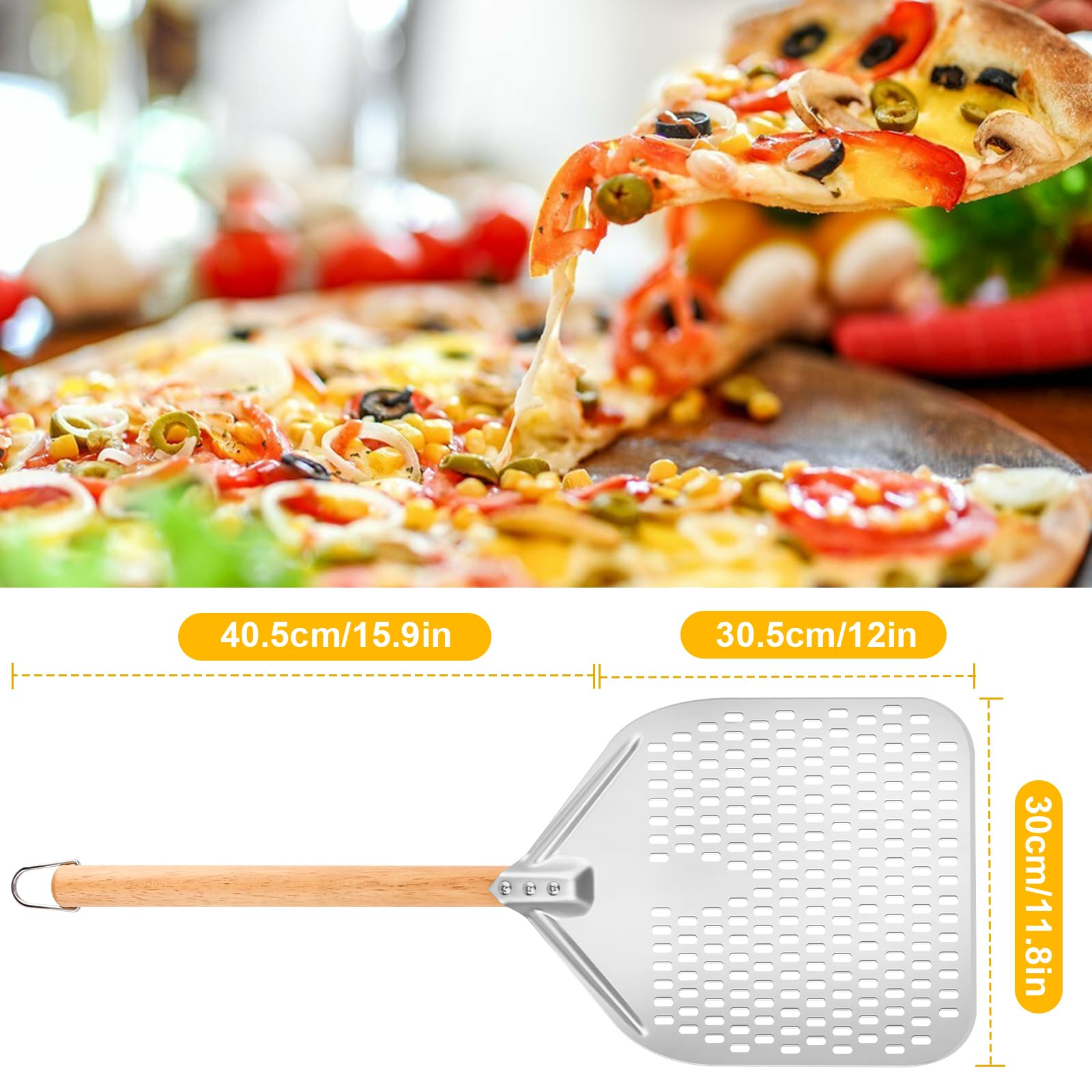 Łopatka do pizzy perforowana, okrągła, aluminiowa 12 cali, z wyjmowanym uchwytem, do grillowania, do gotowania, pizzy z drewnianym uchwytem