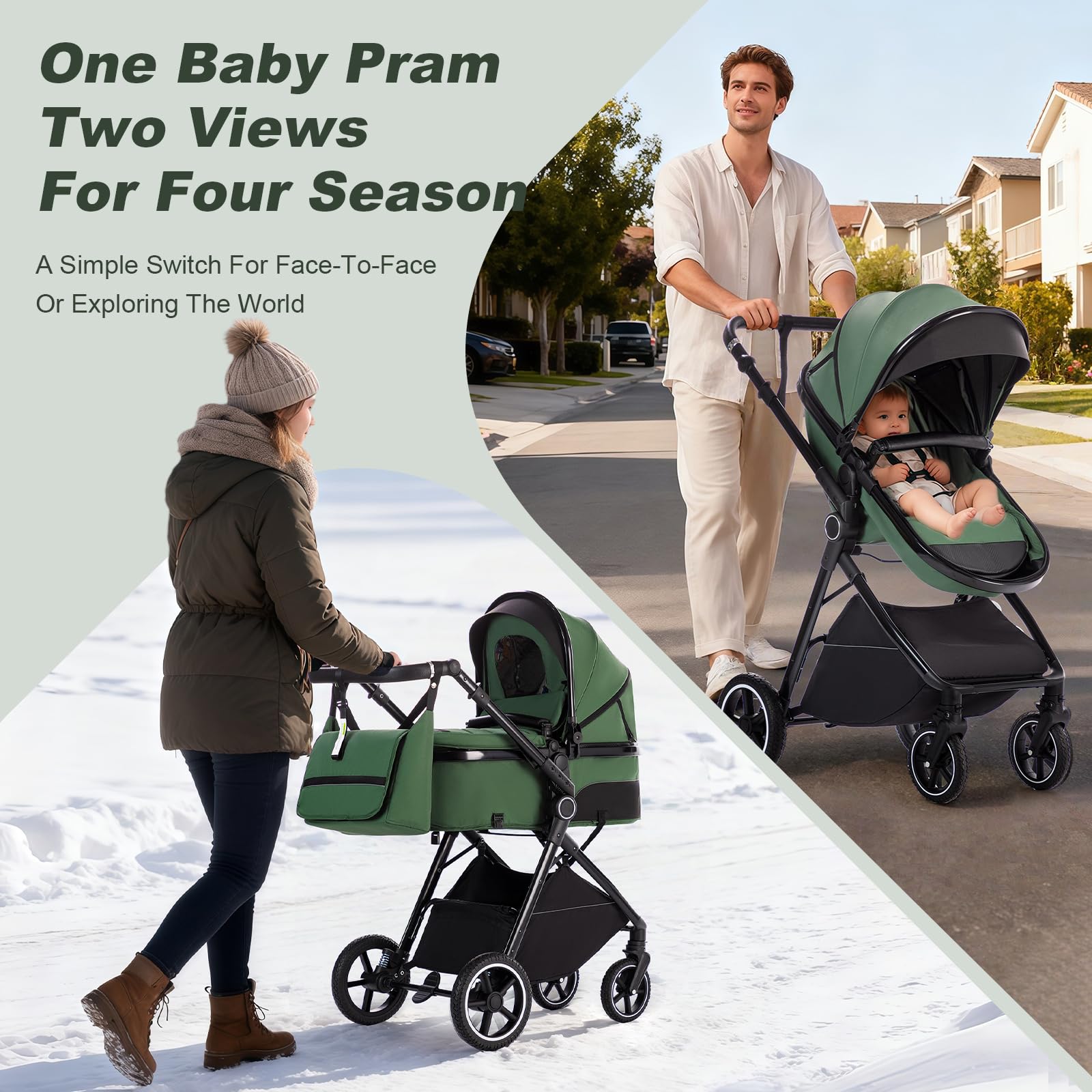 Cochecito 3 en 1 con Silla de Coche, Carrito bebé Plegable, Manillar 7 Alturas, Suspensión 4 Ruedas, Funda de Lluvia y Mosquitera, Sistema de Viaje para Recién Nacidos 0-3 Años (15kg)