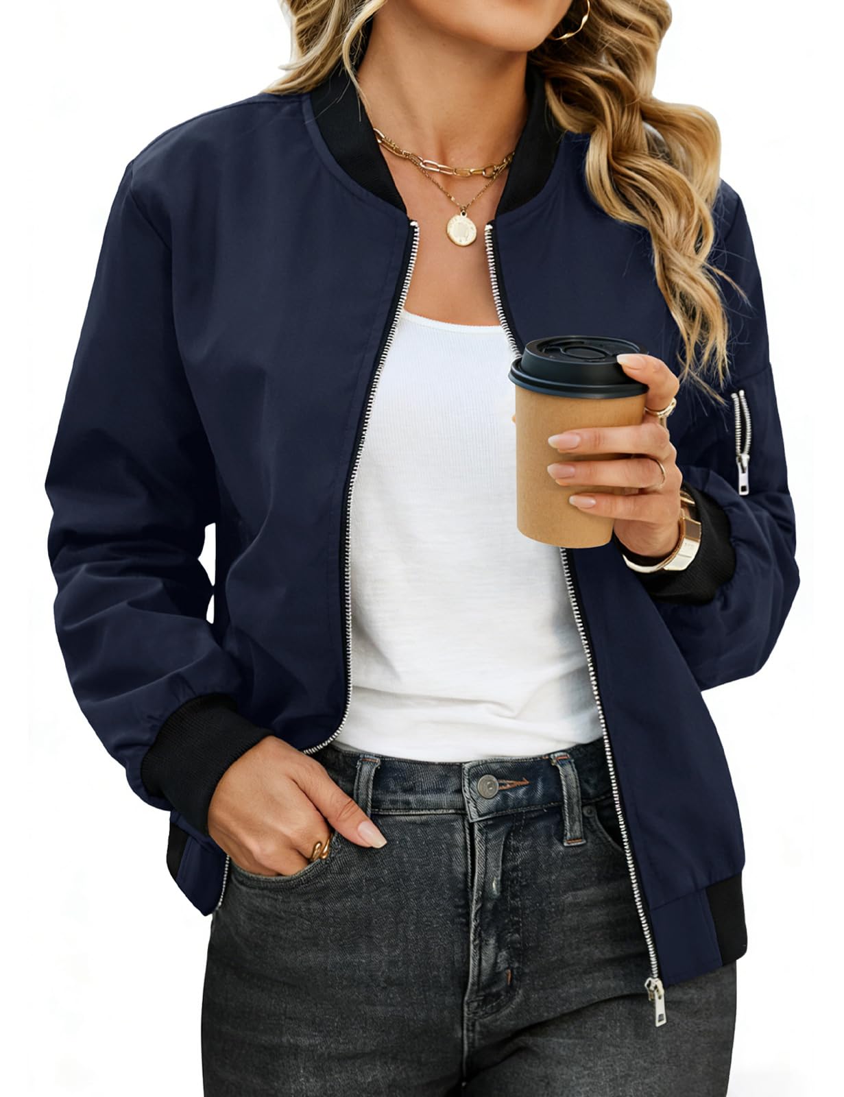 CMTOP Veste Bomber Femme Blouson Court Léger Manteau Décontracté mi Saison Pilote Manches Longues Zippé Sweatjacke Chic Printemps Automne avec Poches