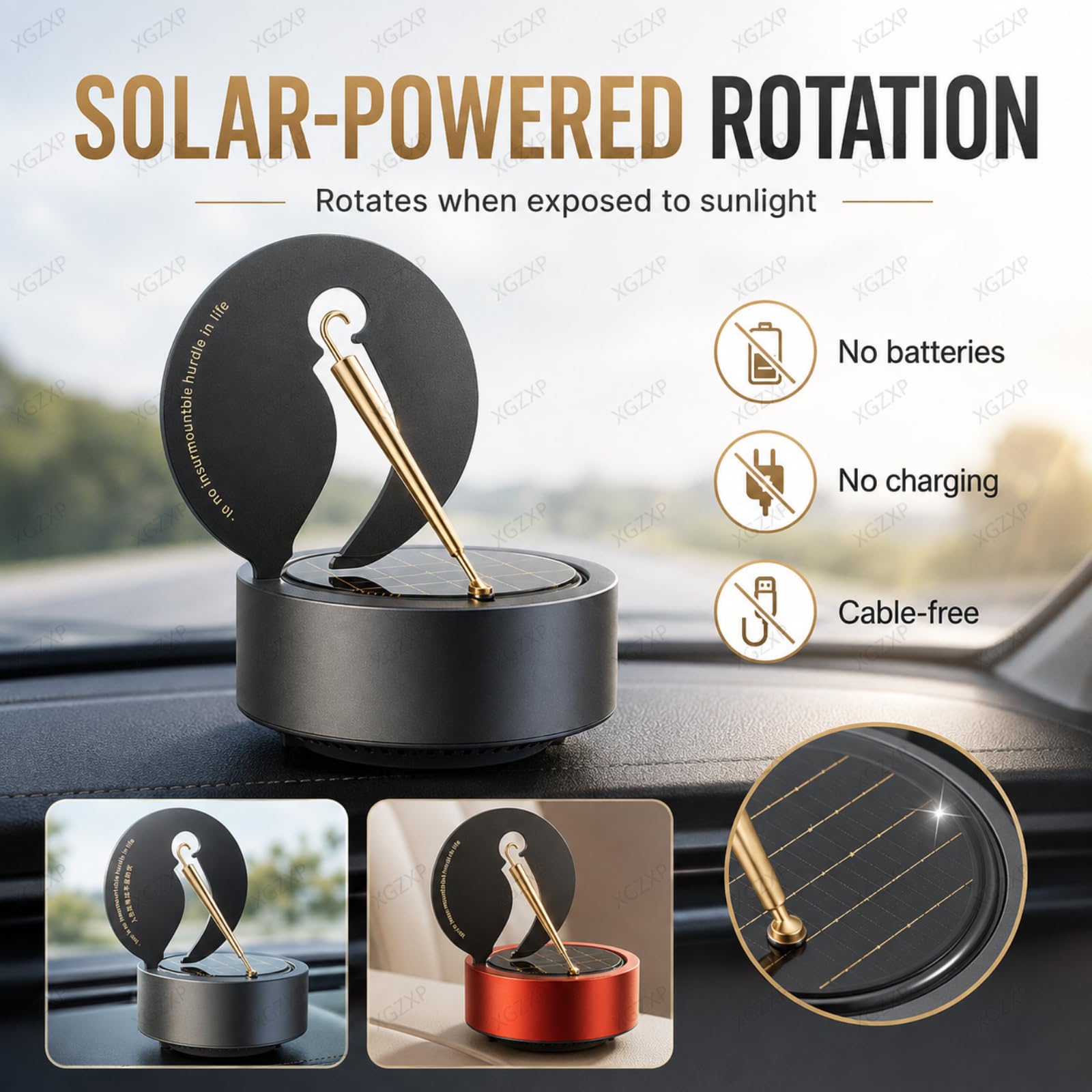 Deodorante per Auto, Diffusore Solare Rotante per Auto, 11 Cm × 11 Cm × 12 Cm, Accessorio Deodorante per Auto in Lega Senza Batterie, Rotazione Automatica, per Ufficio E Casa Black