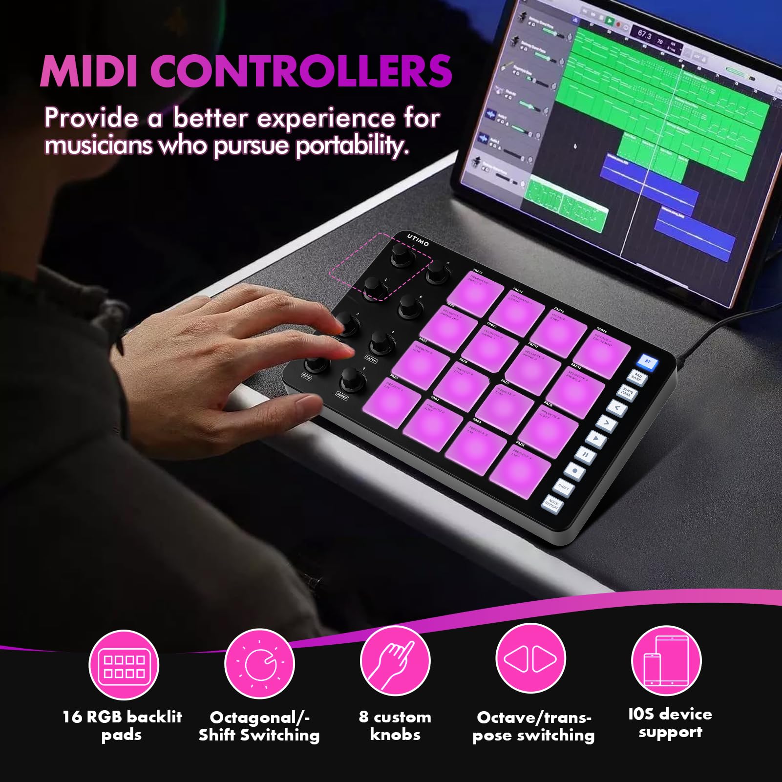 UTIMO Contrôleur MIDI Pad, SMC-Pad MIDI, Drum Pad 16 Touches RGB Rétroéclairé Clavier Musique Electronique Faible Latence Connexion Bluetooth Batterie Intégrée Noir