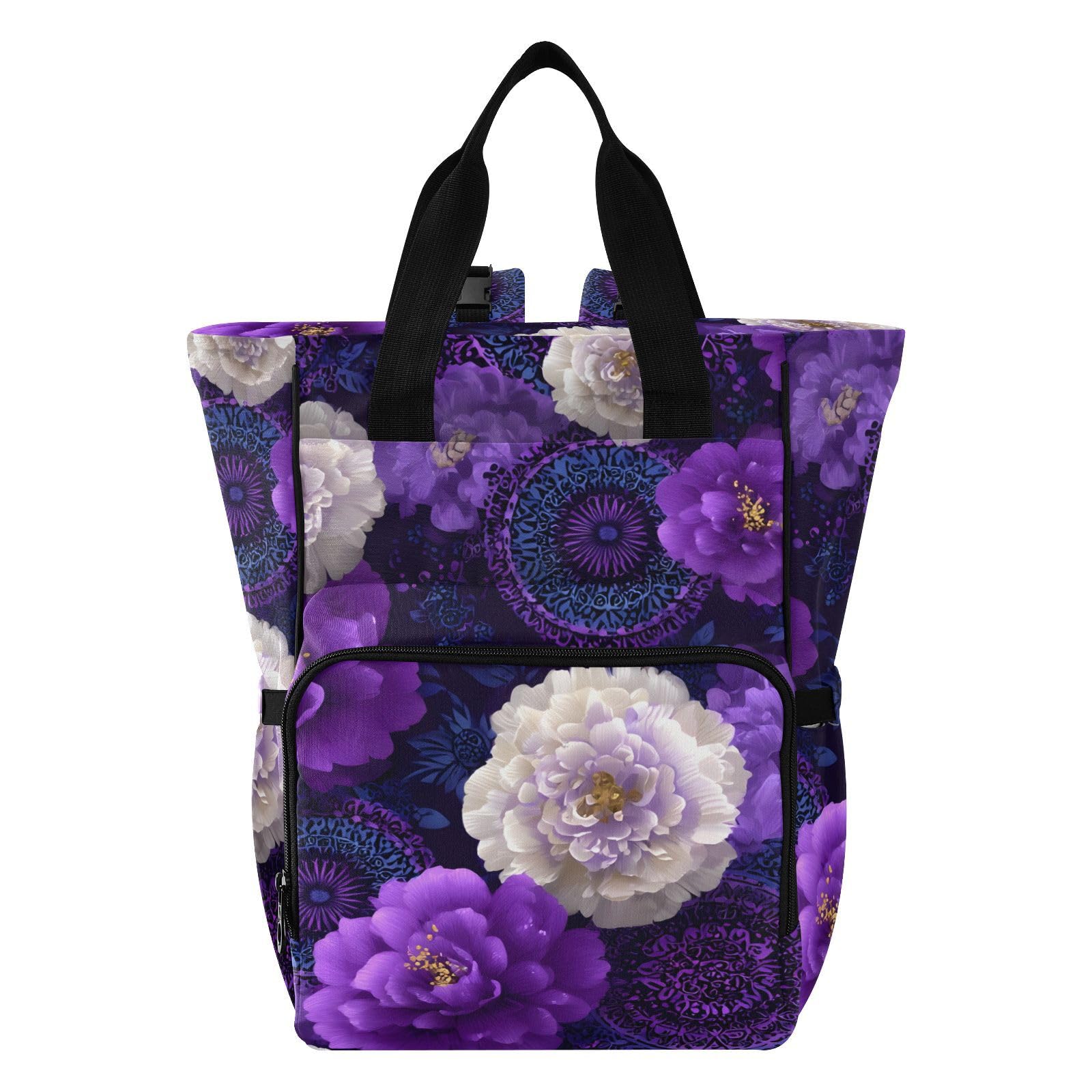 Mochila para pañales para bebé, multifunción, con bolsillos aislados, diseño de flores blancas y moradas, Patrón de flores blancas y moradas, Talla única