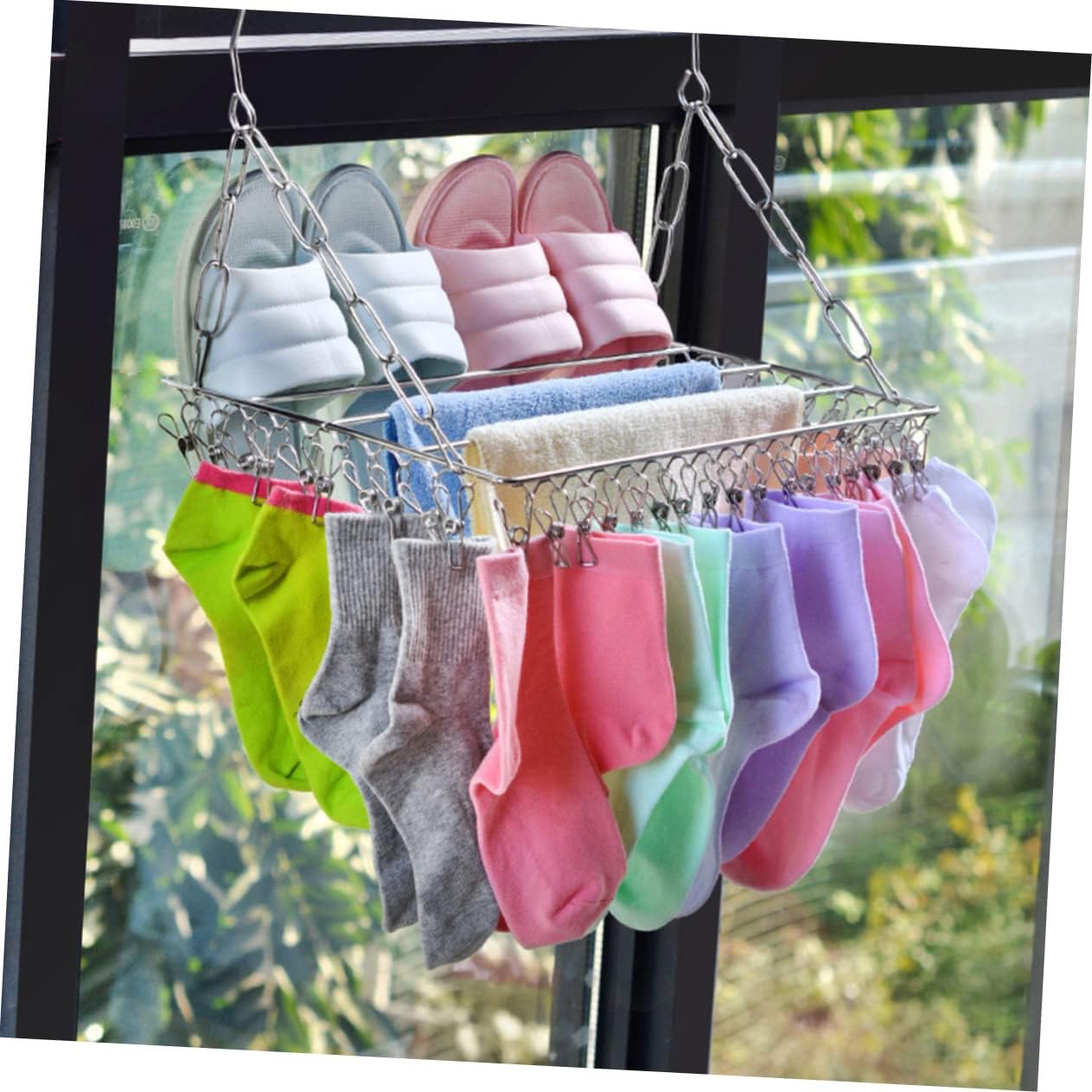 DECHOUS Stainless Steel Clothes Hanger with Clips for Balcony Multifunctional Socks Drying Rack with Adjustable Hanging Methods Rust Frame Large Capacity Laundry Organizer for Home Use