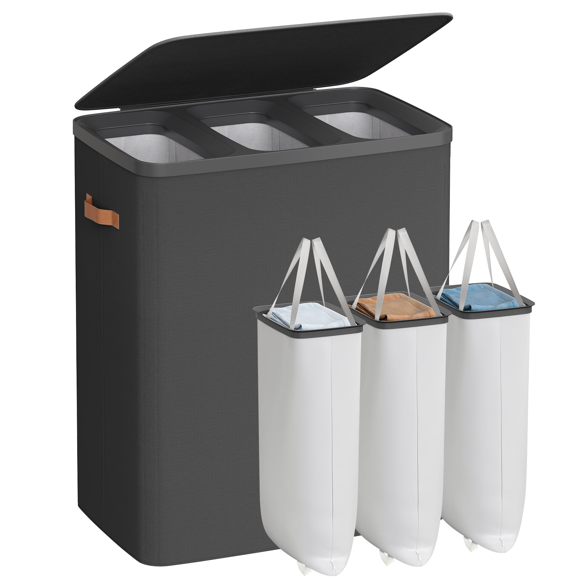 SONGMICS Laundry Basket, 190 L Triple Compartment Laundry Hamper, with Lid and Handles, Removable Liners, Easy Assembly, 64 x 40 x 75 cm, Ink Black LCB814BH01