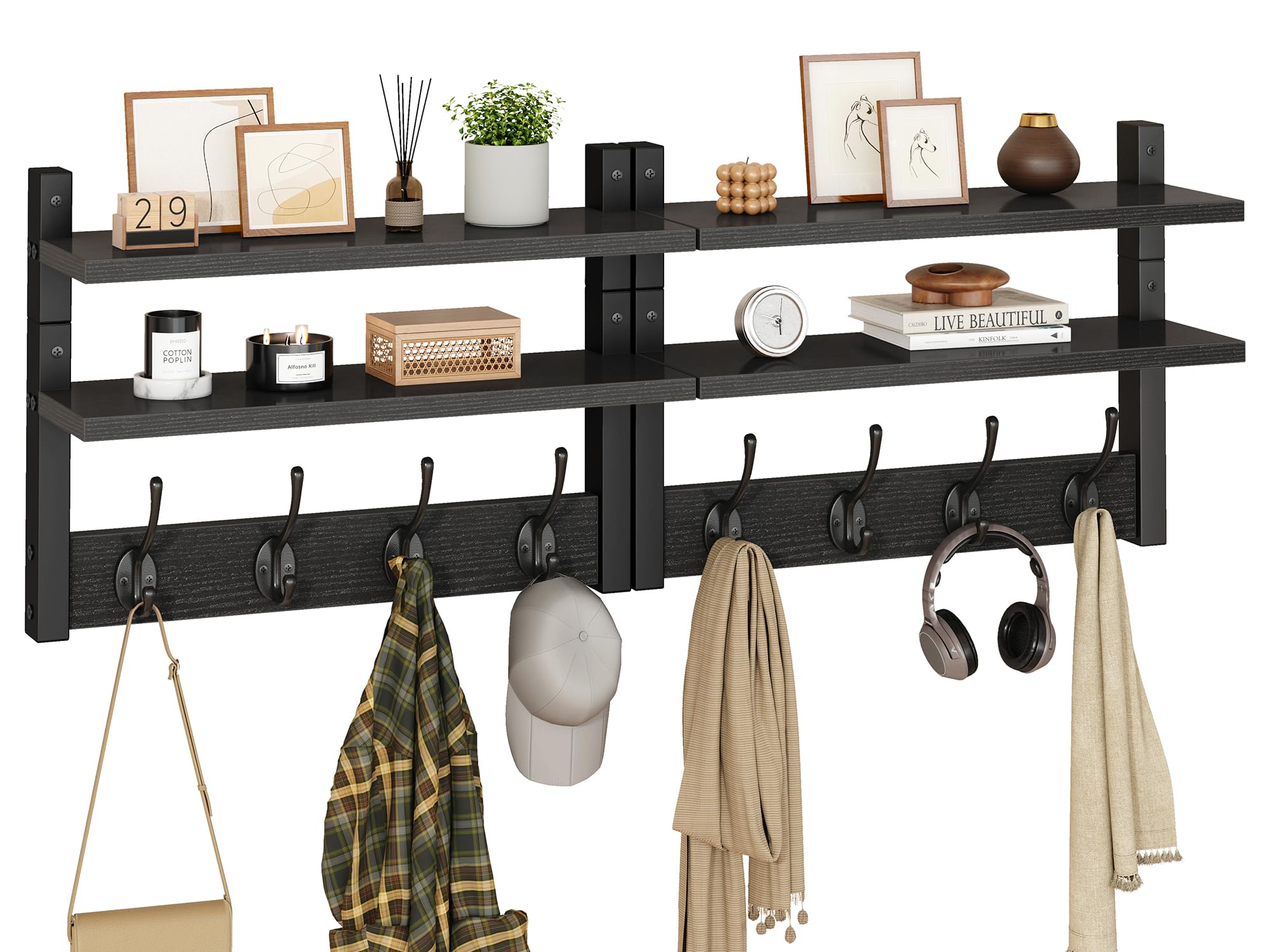 YMYNY 2-Tier Coat Hooks Wall Mounted with Shelf, Black HWS009B-2