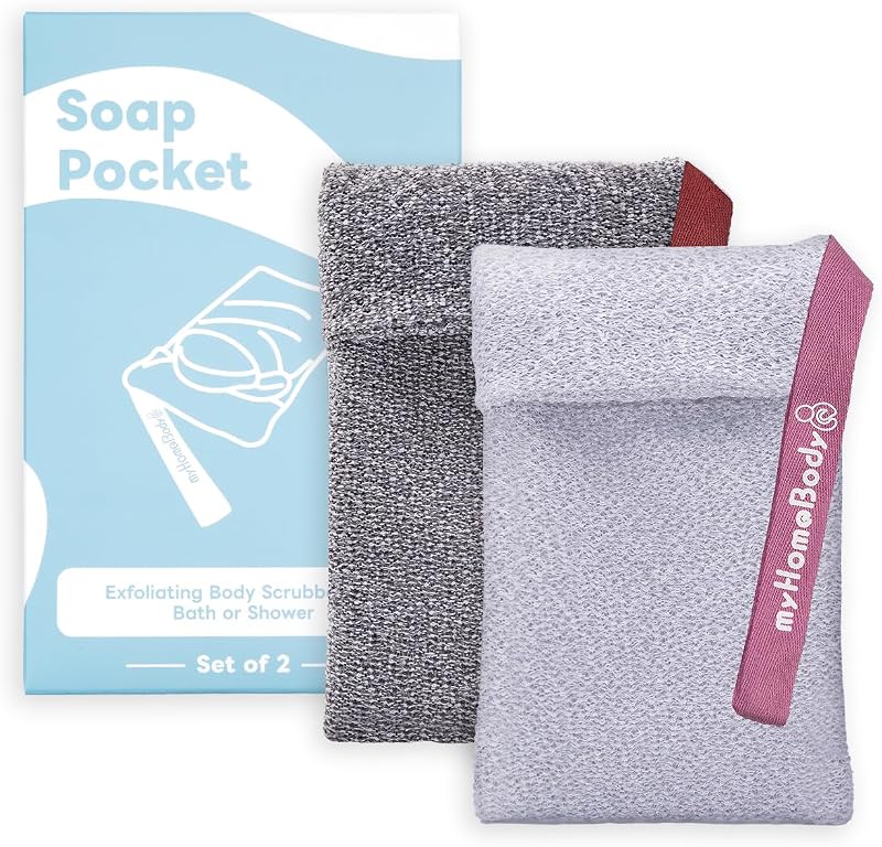 Bucha esfoliante myHomeBody com bolso para sabonete, cinza-escuro e cinza-claro, pacote com 2