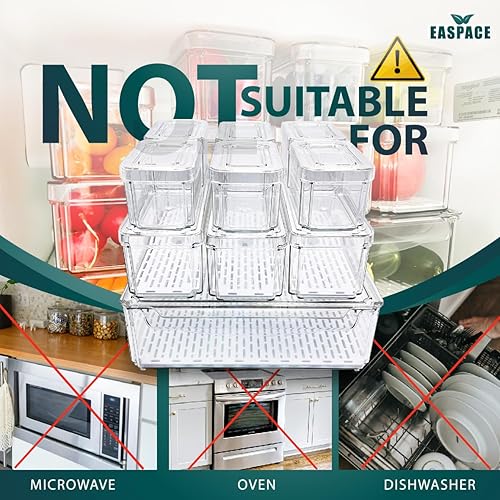 Miniatura 5 de Paquete de 10 cubos organizadores transparentes para refrigerador con tapas y orificios de drenaje, juego de recipientes apilables, recipientes de