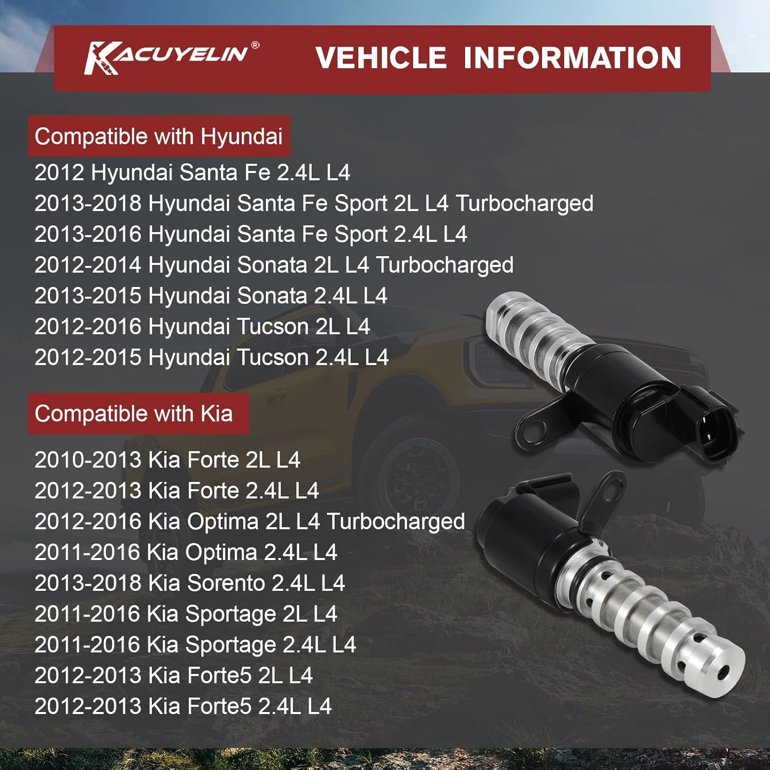 918025 918036 Engine Variable Valve Timing VVT Solenoid Intake and Exhaust Oil Control Valve Solenoid Compatible with Hyundai Sonata Tucson Santa Fe Kia Forte Optima Sorento Sportage 2PCS