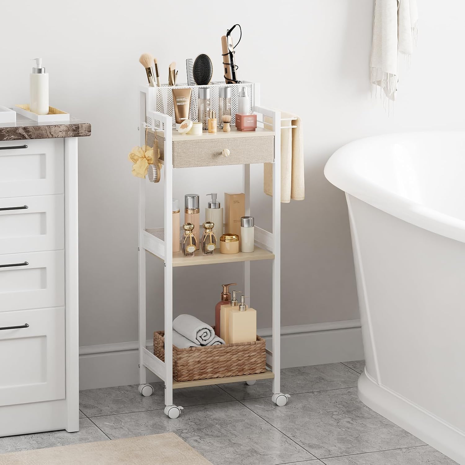 3 Tier Bathroom Shelf with Drawer, 12.8in Large Floor Makeup Organizers Cosmetics Display Cases Holder for Hair Tool, Skincare, Kitchen, Bathroom, Laundry Room Organization