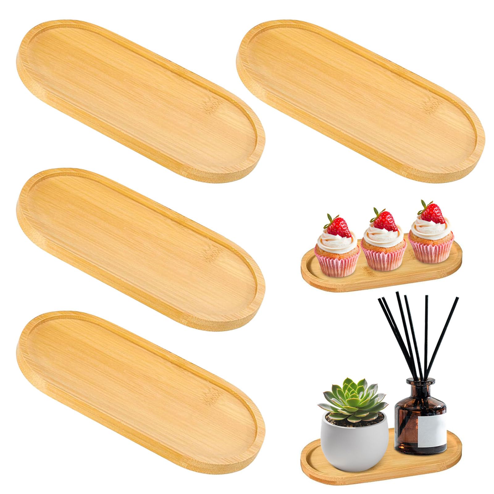 Hiuyavy Natural Wood Color 4 Pcs Oval Bamboo Serving Tray, Plant Succulent Holder, Small Wooden Tea Cup Coaster For Coffee, Cake And Snacks