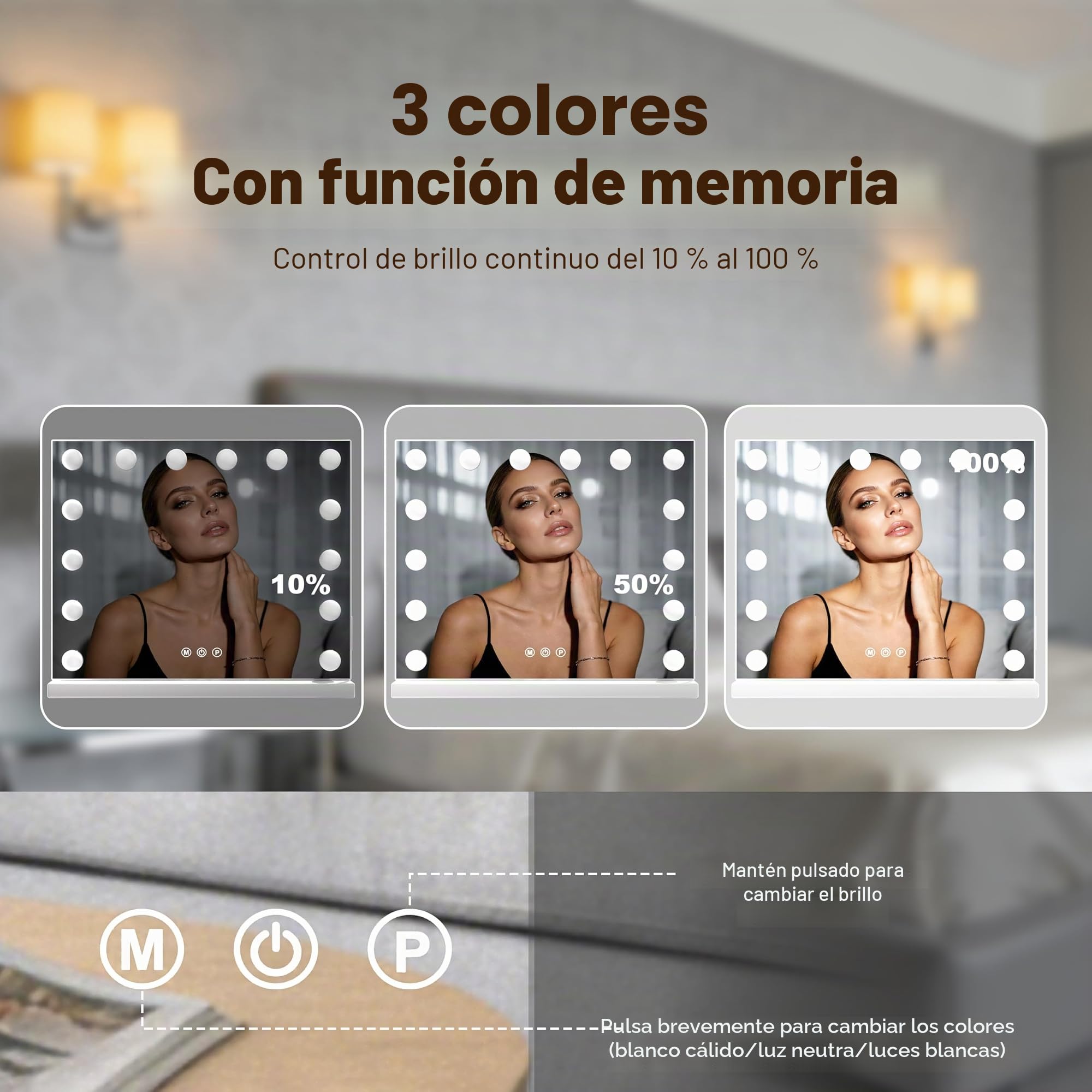 Espejo de Maquillaje con Luz Hollywood 50x42 cm, Espejo Tocador con 14 Bombillas LED Regulables, 3 Modos de Color, Puerto de Carga USB, Control Táctil y Espejo de Aumento 10X, Sobremesa o Pared, Blanc