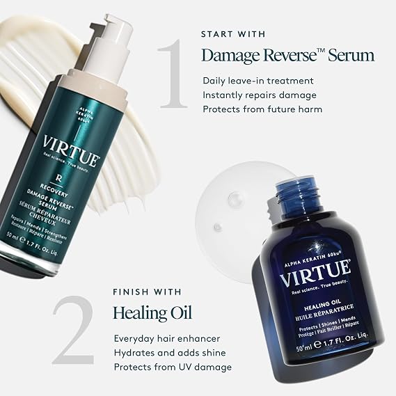 VIRTUE Recovery Hair Serum, Repair and Reverse Damage, 1.7 Fl Oz | Repairs split ends, bond-repair with Alpha Keratin 60KU, lightweight, color-safe, frizz control, coconut fragrance blend