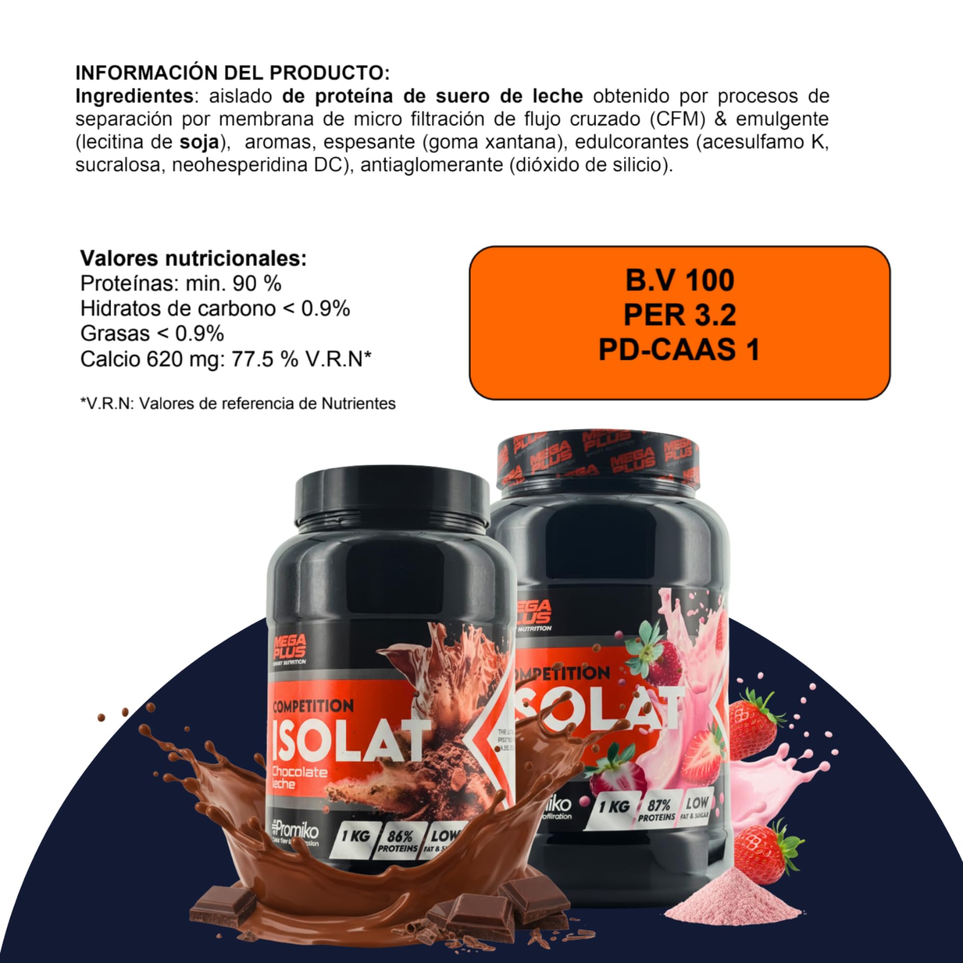 Proteína Isolat Competition - Mega Plus - Promiko - Proteína Aislada De Suero Profesional Para Masa Muscular Y Recuperación Rápida - Proteina Isolate Y Leche En Polvo - Vainilla 1kg