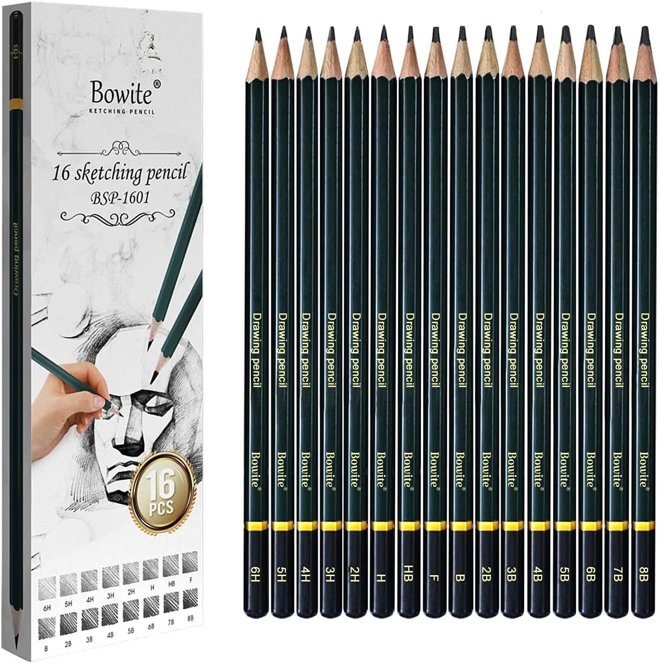 Professional Drawing Sketching Pencil Set - 16 Pieces Drawing Graphite Pencils (8B - 6H), Ideal for Drawing Art, Sketching, Shading, Artist Pencils for Beginners & Pro Artists.
