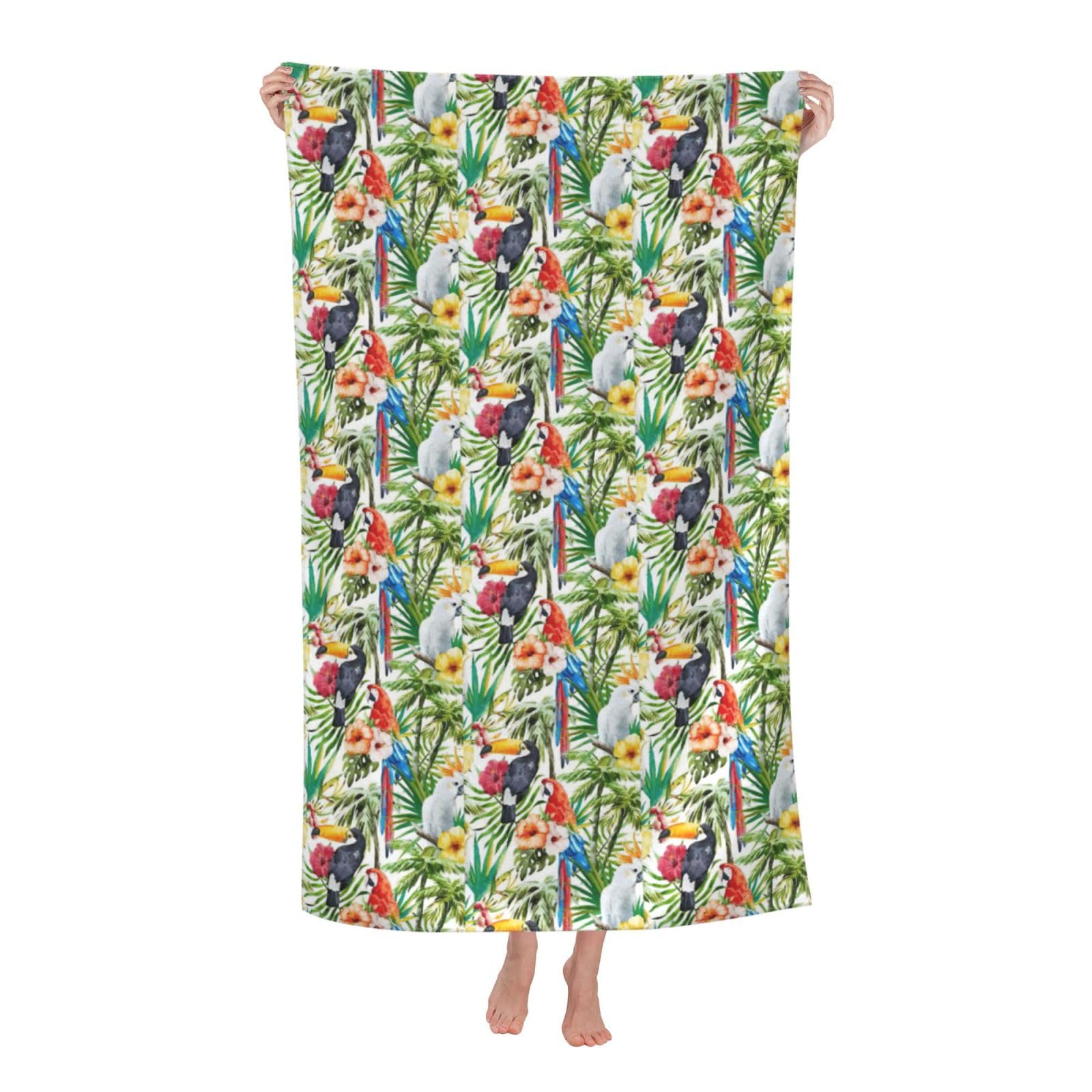 CHAbu Toucans Parrot Palm Tree Leaves Adult Beach Towels Microfibre Quick Dry Lightweight Beach Travel Swimming Camping Yoga Fitness