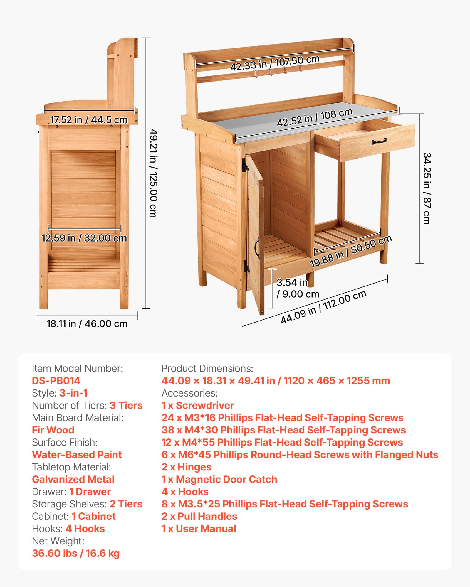 VEVOR Armadietto Banco per Giardinaggio, Postazione di Lavoro in Legno per Esterni con Piano in Ferro Zincato da 112 x 46,5 cm, con Cassetto, Mobiletto Portaoggetti e Ripiani, Ganci per Patio