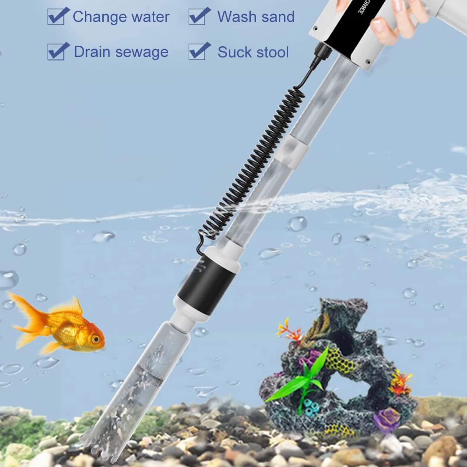 Toplionace Limpiador de Grava de Acuario Eléctrico AC 110V-220V, Aspirador de Sifón de Acuario de Cambio de Agua, 2,5 W/8,5 W/15W Ajustable (Negro)