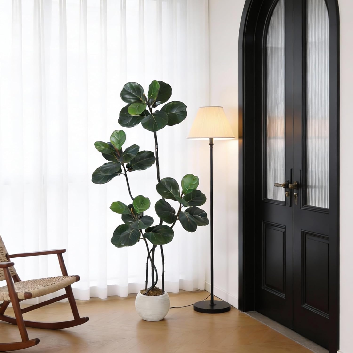 GarveeHome 5FT Artificial Ficus Lyrata Tree, Bendable Boughs, Modern White Pot Included, Perfect for Home Office Living Room Decor Indoor, Tall Artificial Tree for Housewarming Gift