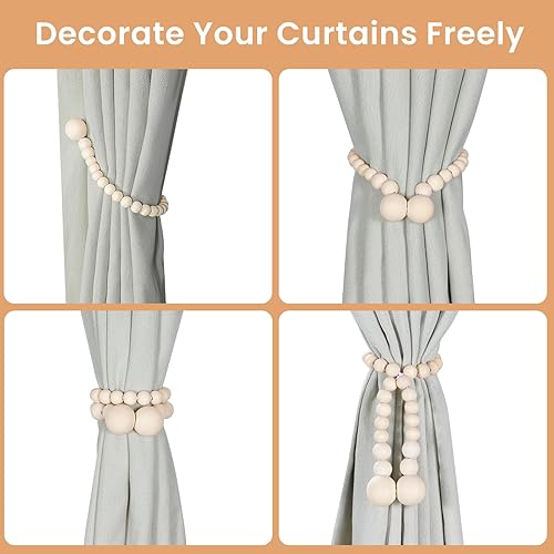 Miniatura 3 de Alzapaños magnéticos para cortinas, paquete de 2 alzapaños de cortina de cuentas de madera, soportes de cortina para decoración bohemia de