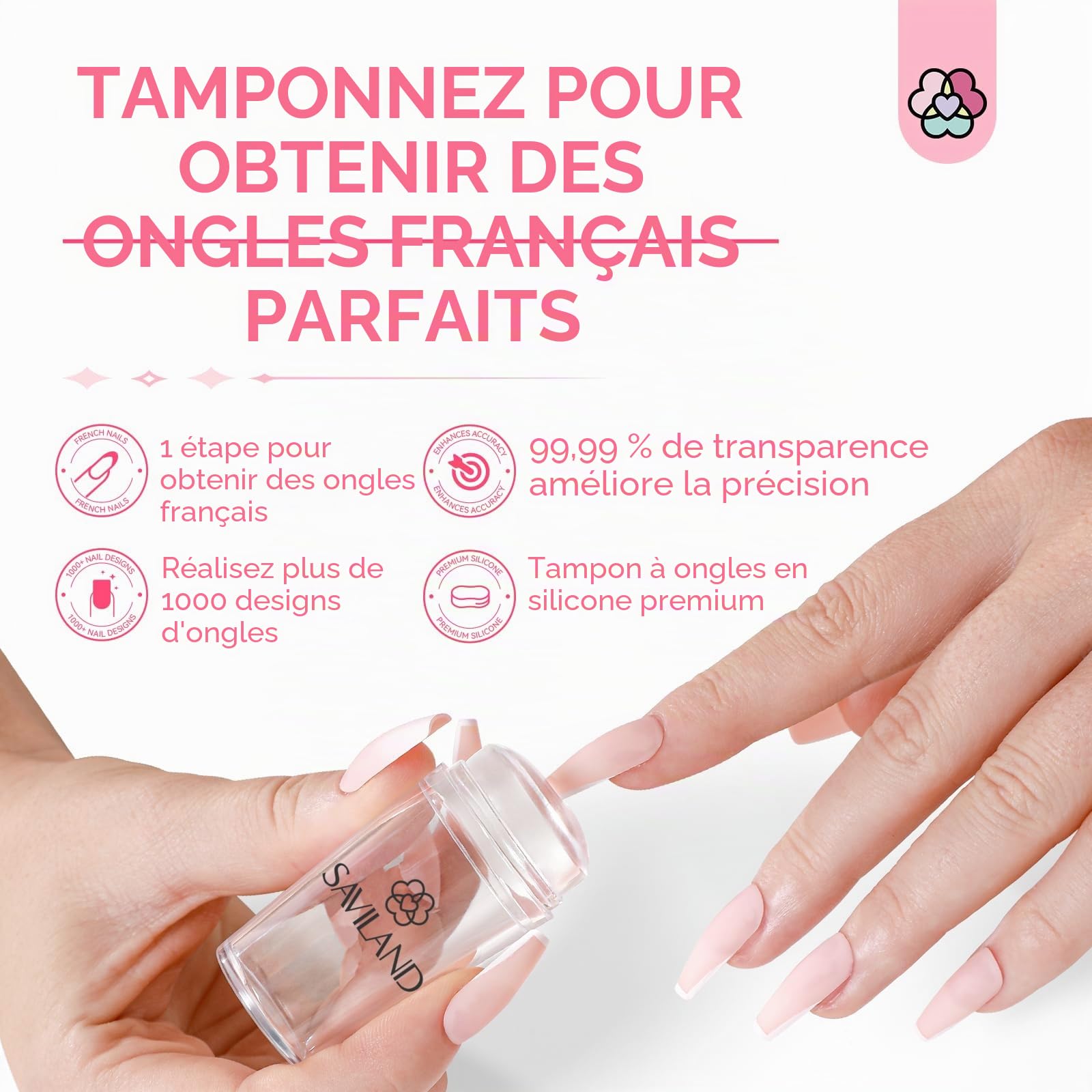 Saviland Lot de 4 tampons à ongles longs et courts en silicone transparent pour manucure française à la maison, salon de manucure