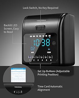 Volcora Time Clock for Employees with 50 Time Cards, 1 Ink Ribbon, Punch Time Clocks Machine for Small Business with Backup Battery, No Key and Network Need, Time Card Machine for Office, Retail