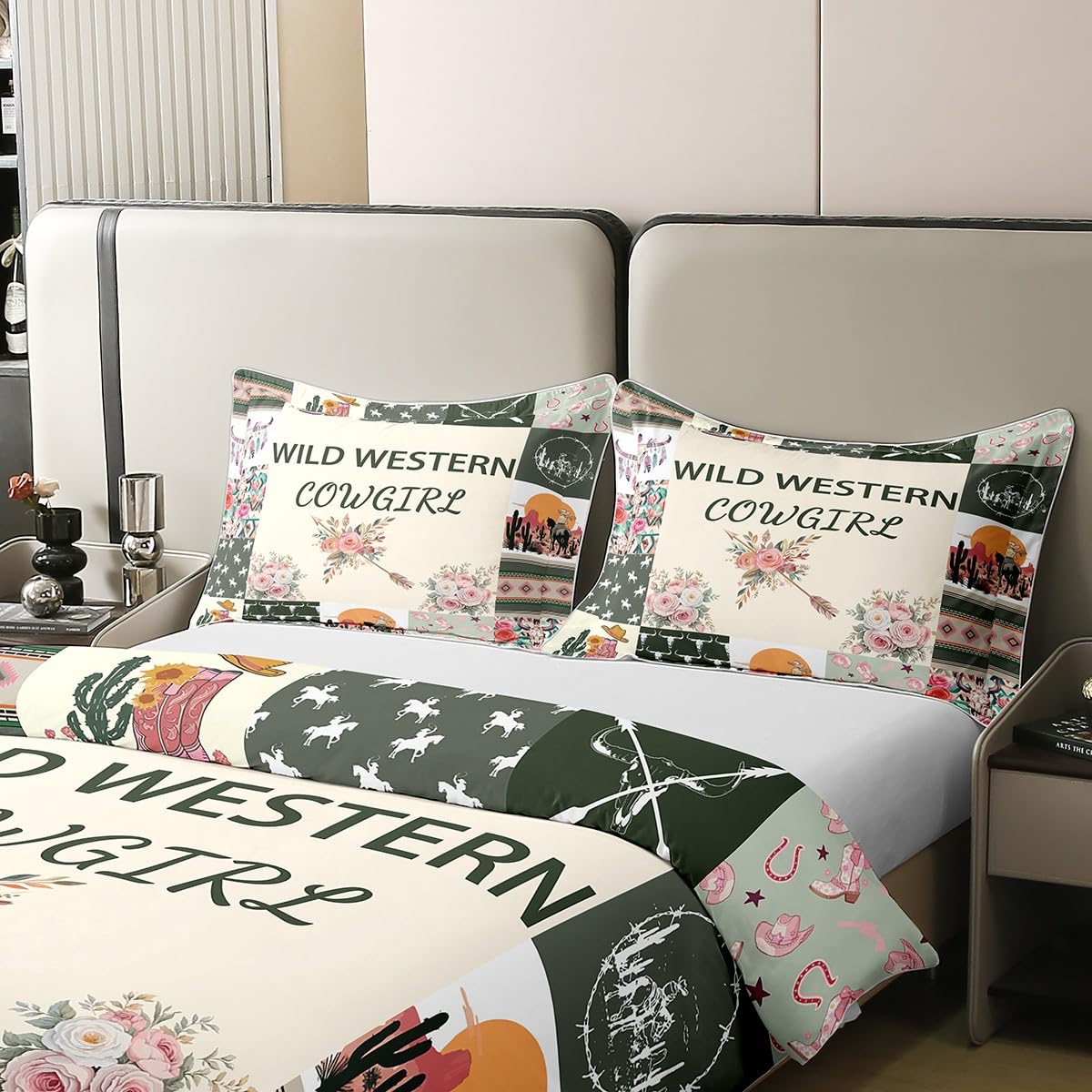 Homemissing Set di biancheria da letto per bambini verde occidentale azteco letto singolo stivali selvaggi cowgirl copripiumino 100% cotone per ragazzi decorazione camera da letto toro teschio