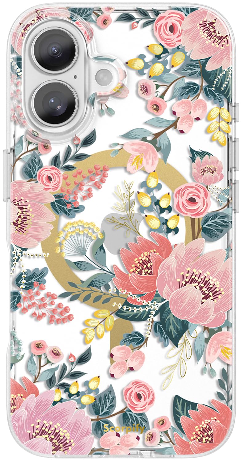SCORPIFY for iPhone 17 Case [Compatible with MagSafe] with Pink Epiphyllum Floral Design, Cute Clear Flower Magnetic Phone Cover for Women Girls, Slim Bumper with Gold Accents