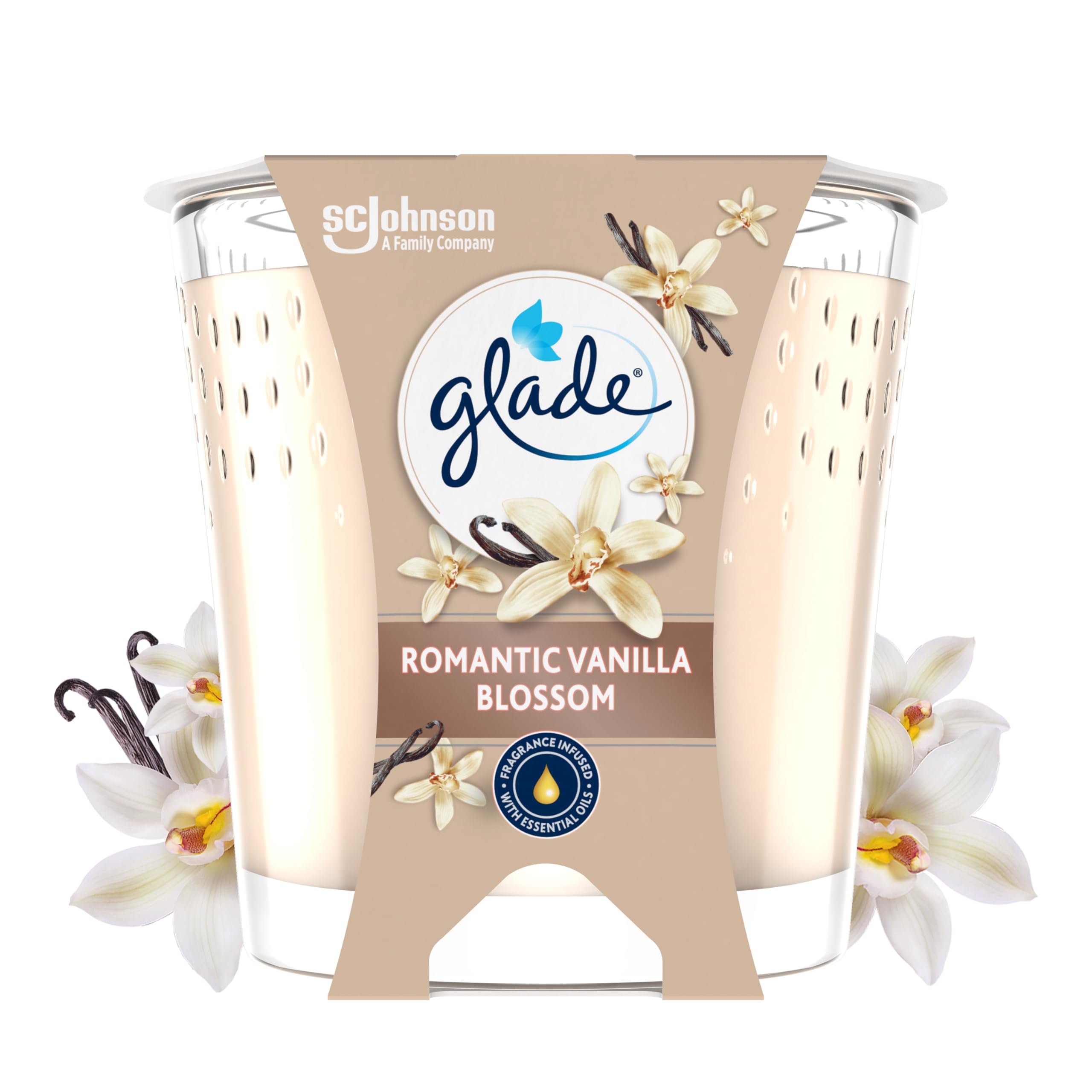 Glade Vela Perfumada, Fragancia Romantic Vainilla Blossom, Infusionada con Aceites Esenciales, Vegana, Aroma de 30 Horas, 1 Vela