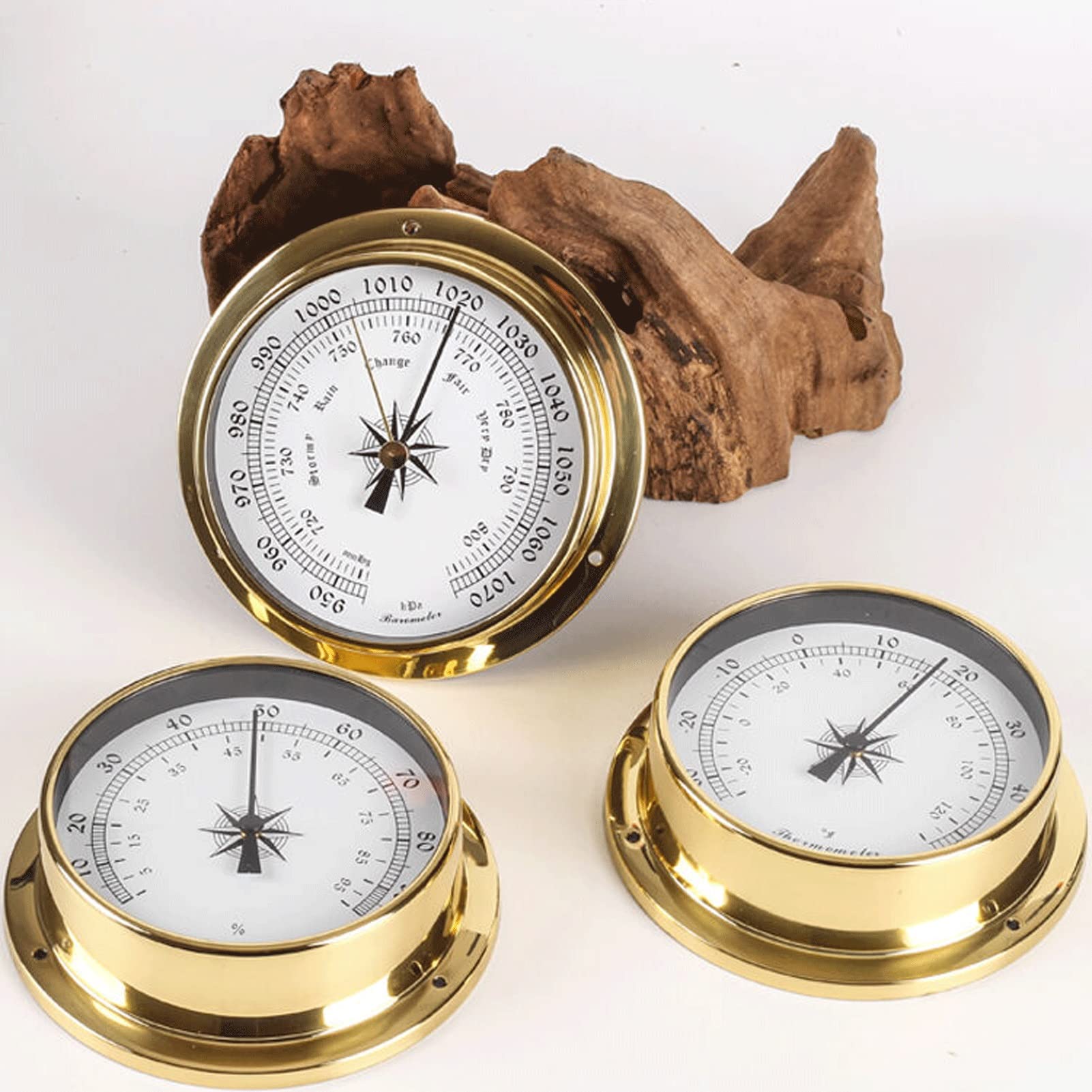 Glass Barometer,Outdoor Temperature Gauge,Traditional Weather Station Polished Brass Porthole Wall Hanging Decor