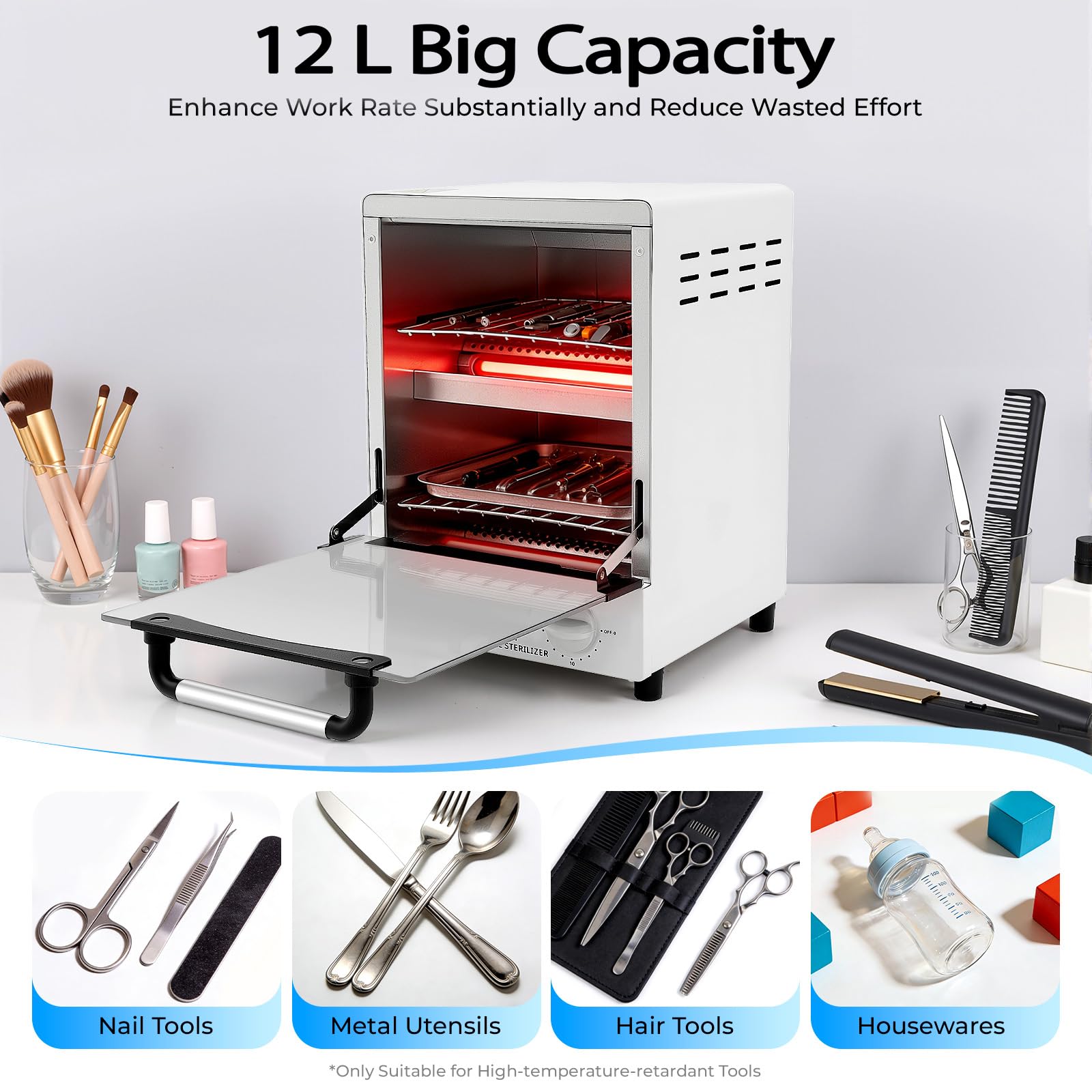 Sterilizzatore ad alta temperatura, sterilizzatore ad aria calda da 12 l, 250 °C a infrarossi con timer, sterilizzatore a calore secco con vassoio per strumenti per unghie, strumenti cosmetici