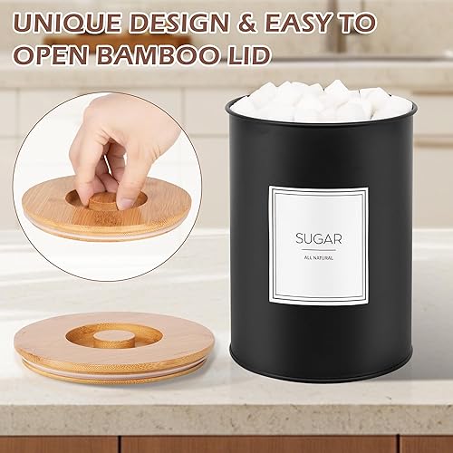 Miniatura 5 de Juego de 3 recipientes para encimera de cocina, recipientes de cocina de metal negro, recipientes de almacenamiento de harina y azúcar con tapa