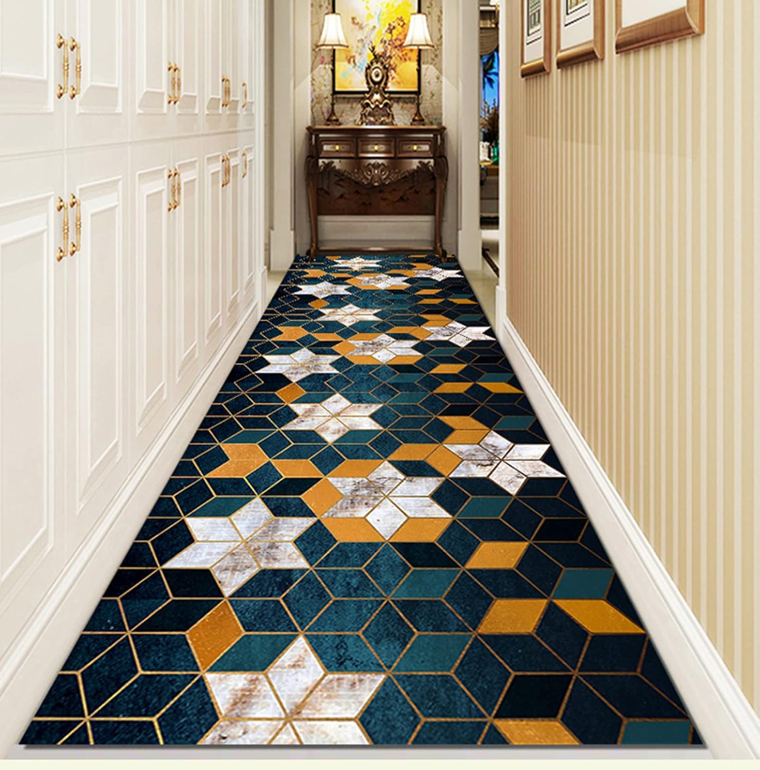 Indoor Hallway Rugs Runner，3x4.6 FT Farmhouse Runner Rug for Entryway Living Room & Dining Room Table, Tile Floor Mat Non Slip Backing，Rhombus Snowflake Pattern Design