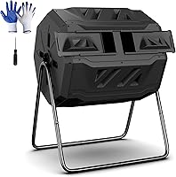 F2C 43 Gallon Dual Chamber Compost Tumbler Bin Outdoor - BPA Free Rotating Composter with Steel Frame & Gardening Gloves, Black