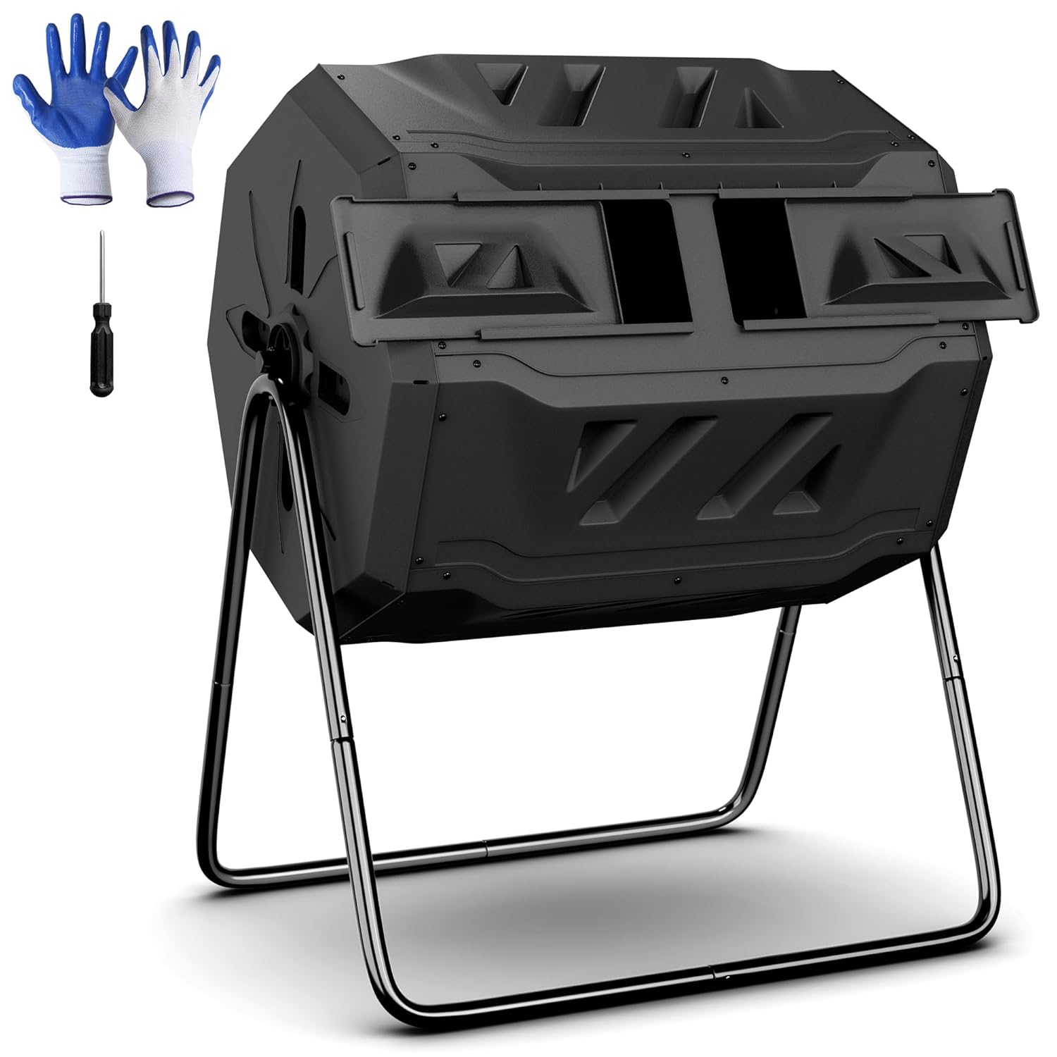 F2C Compost Tumbler Bin 43 Gallon Dual Chamber Compost Bin - Includes Gardening GlovesïŒBPA Free, Heavy-Duty Steel Frame, Rotating Tumbler with Sliding Doors | (Black)