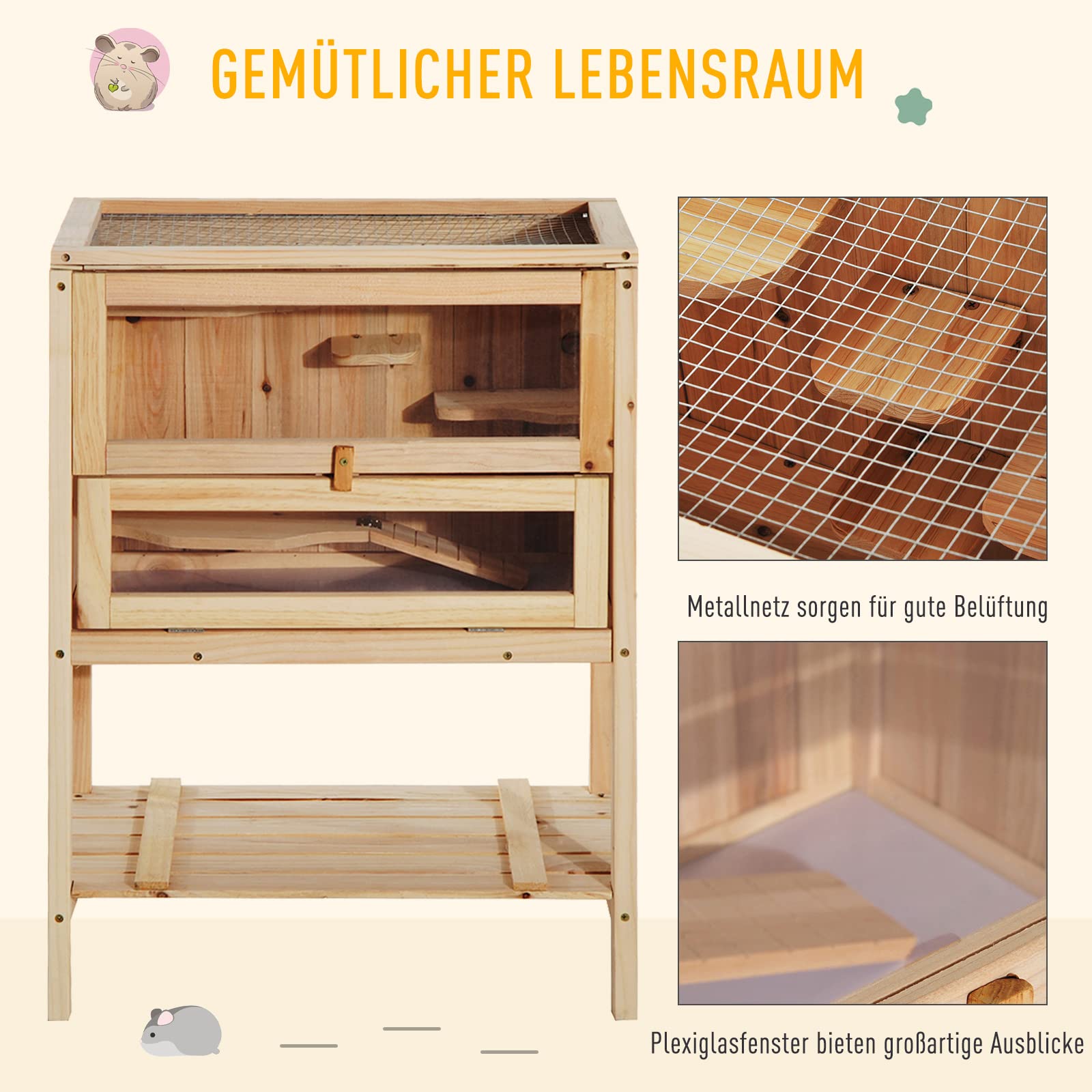 PawHut Kleintierkäfig Kleintierstall mit 5 Podesten und 1 Rampe Nagerkäfig Kleintierhaus Tannenholz Natur 60 x 40 x 80 cm