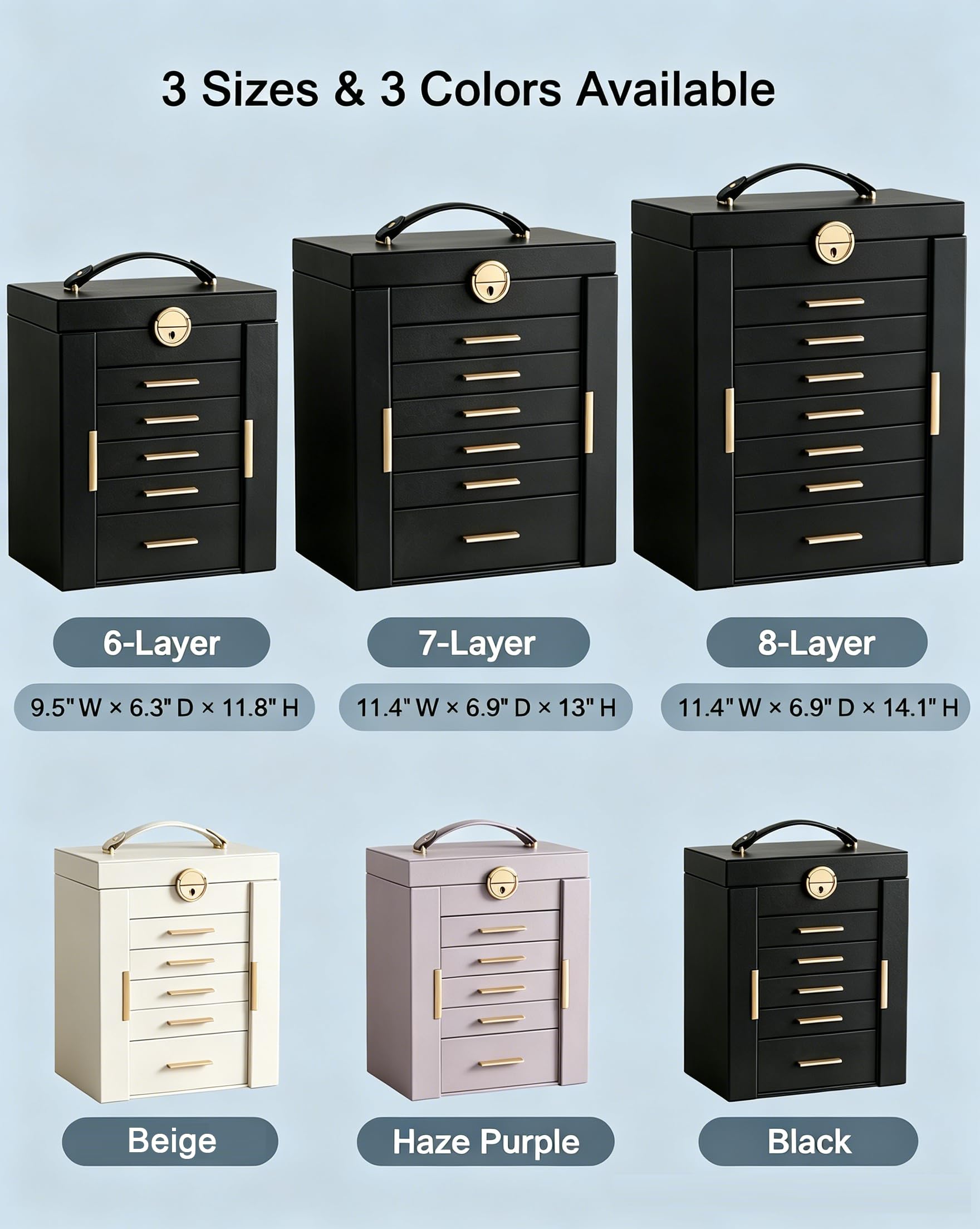 Lolalet Caja Organizadora de Joyas Grande 8 niveles con Espejo Negro | con Cerradura, para Anillos, Pendientes, Pulseras, Collares y Relojes. Ideal para Hogar y Regalos para Mujeres