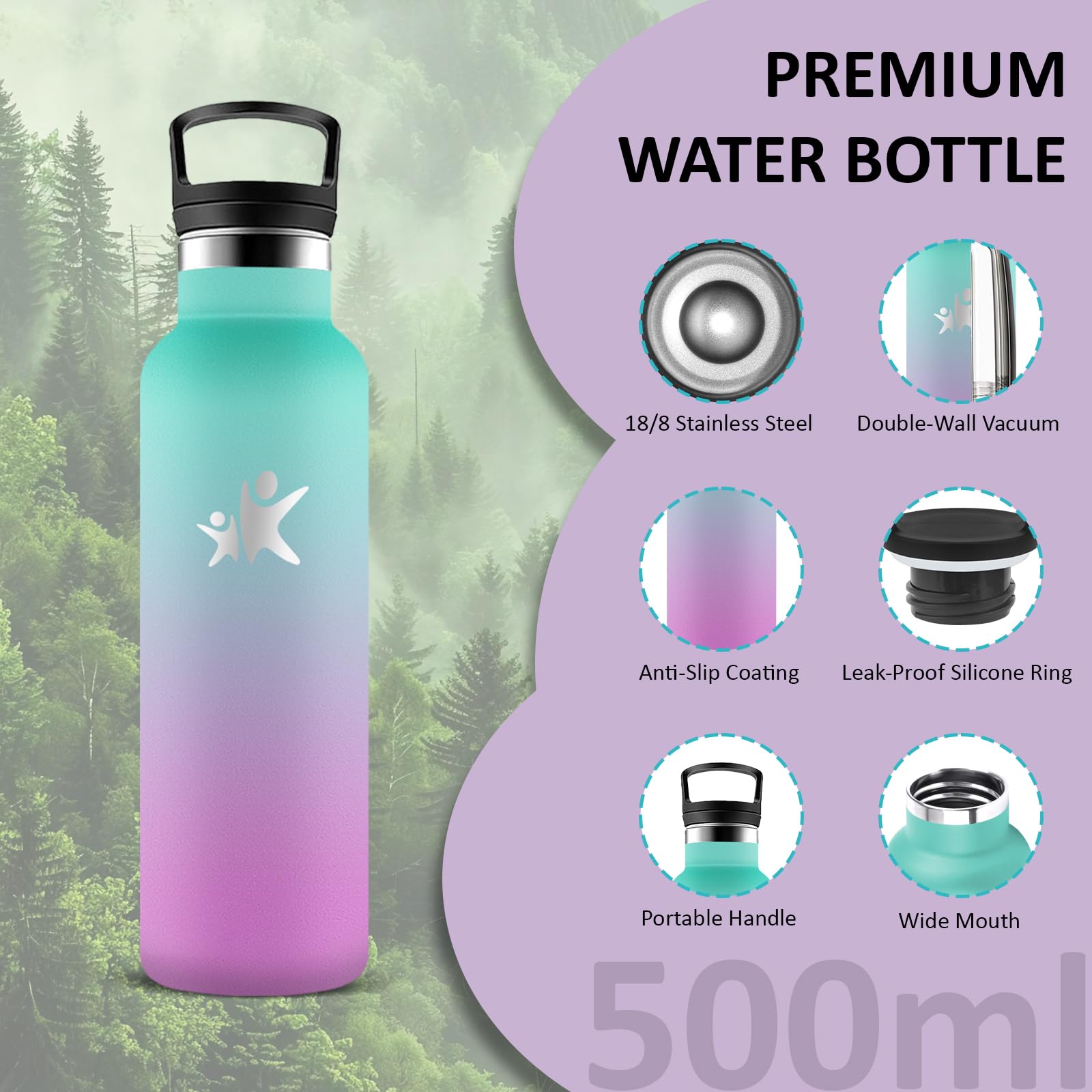 Borraccia, Borraccia Termica 500ml, Senza BPA, Borracia con Cannuccia, Senza Perdite, Borracce Termiche, Acciaio Inossidabile 18/8, Bottiglia Termica per Fitness, Campeggio, Uffici, Palestra