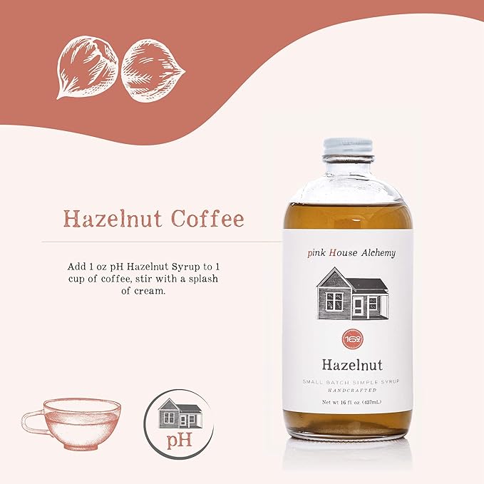 Introducing Pink House Alchemy's Hazelnut Simple Syrup, a 16 oz bottle of pure goodness crafted with all-natural, non-GMO ingredients. Experience the delightful taste of real hazelnuts infused into this exquisite syrup, ideal for elevating the flavor of your coffee, cocktails, and non-alcoholic mocktails.