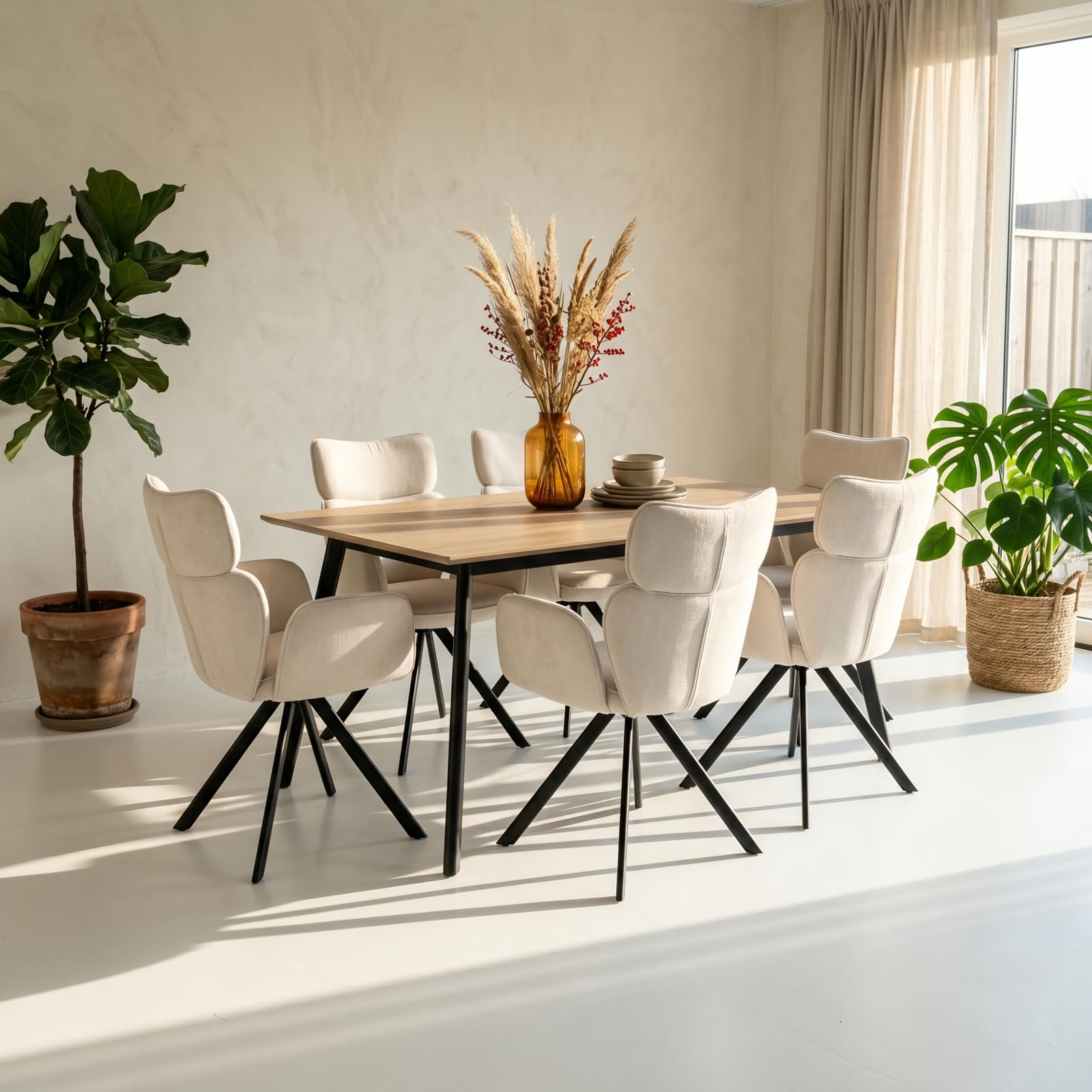 JIEXI Drehbar Esszimmerstuhl mit Armlehne, 180° Schwenkbar Hochlehner Polsterstuhl, Moderner Stoff Küchenstuhl mit Metallgestell, für Esszimmer Wohnzimmer Büro, Weiß/Beige