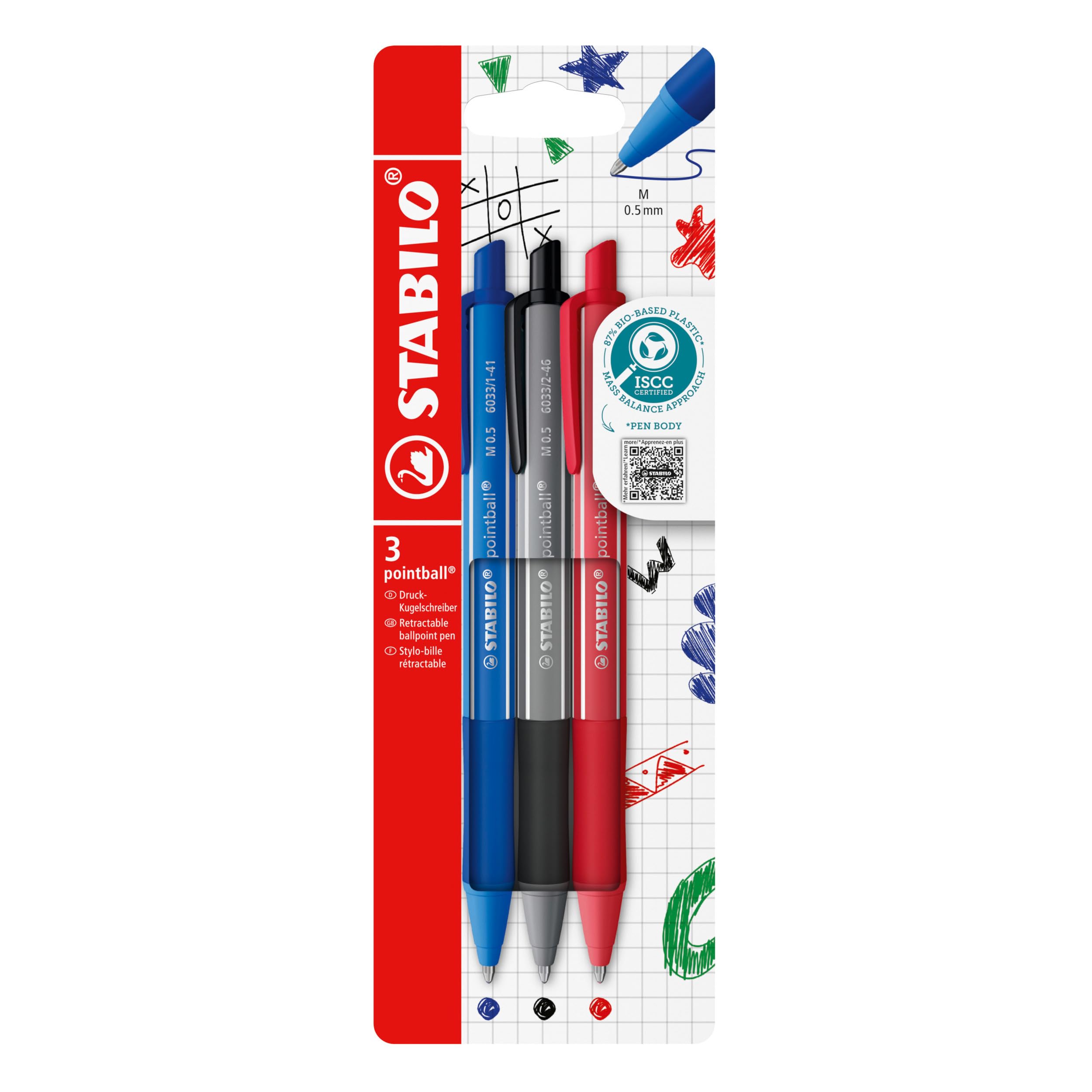 STABILO Kugelschreiber pointball colorful 3er Pack ultramarinblau, dunkelgrau, rostrot