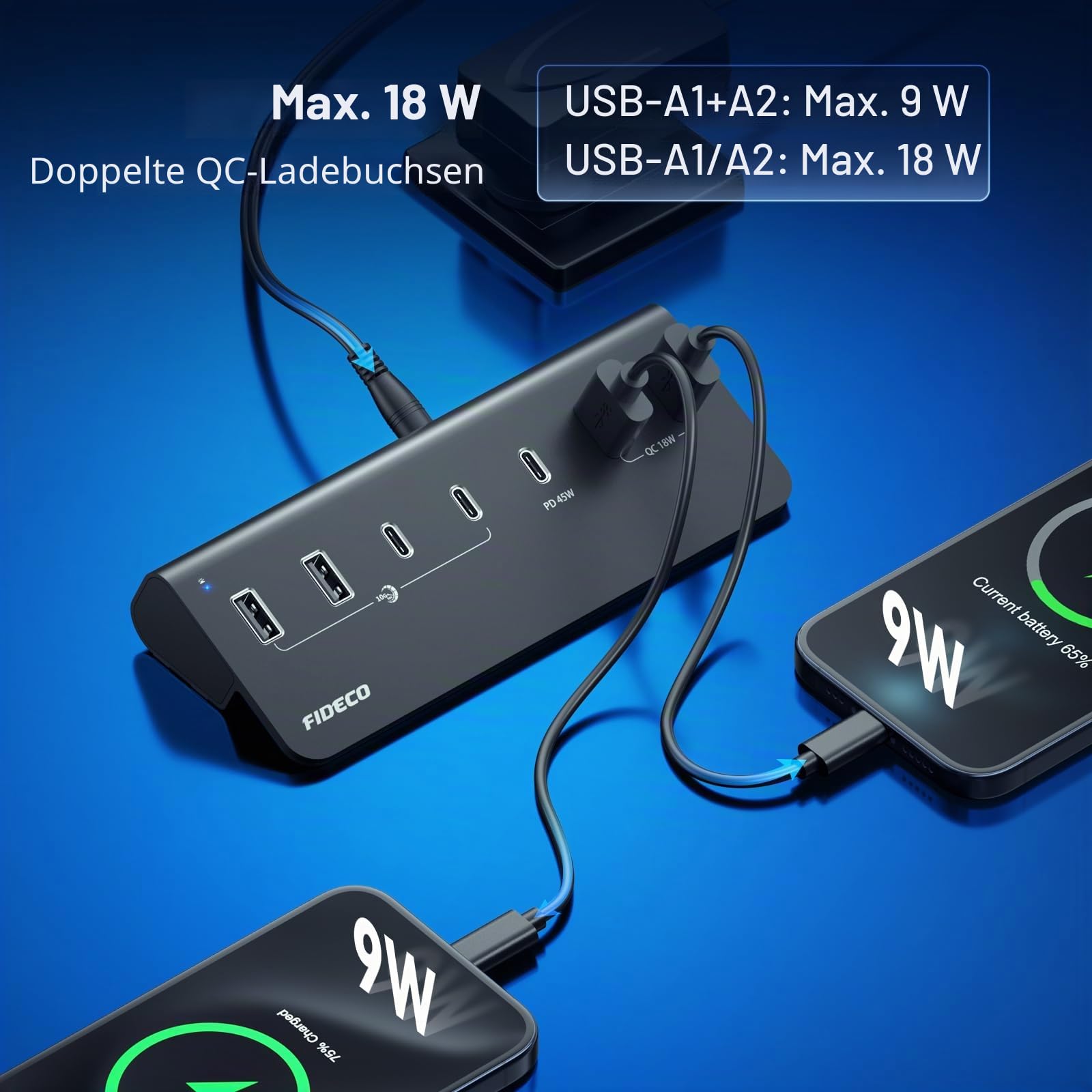 FIDECO 7-Ports 72W USB Hub mit Netzteil, USB Hub Aktiv mit 1 PD 45W, 2 QC 3.0 Charging Port und 4 USB 3.2 10Gbps Ports (2 USB A+2 USB C), Aluminium für Laptop, PC, MacBook, iPhone 17/16/15