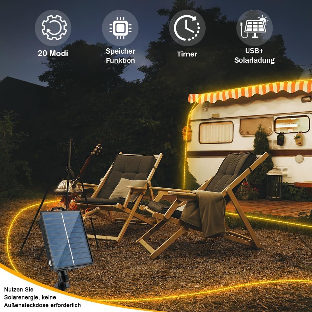 StarryEver Tubo solare a LED per esterni, 20 m, 800 LED, luce bianca calda, per esterni, con funzione di ricarica USB e telecomando, per feste, trampolino, giardino, balcone