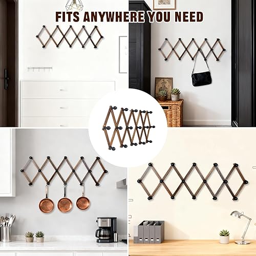 Miniatura 7 de Percha de pared de acordeón con 16 ganchos, perchero de madera de color nogal para pared, perchero expandible para sombreros para entrada,