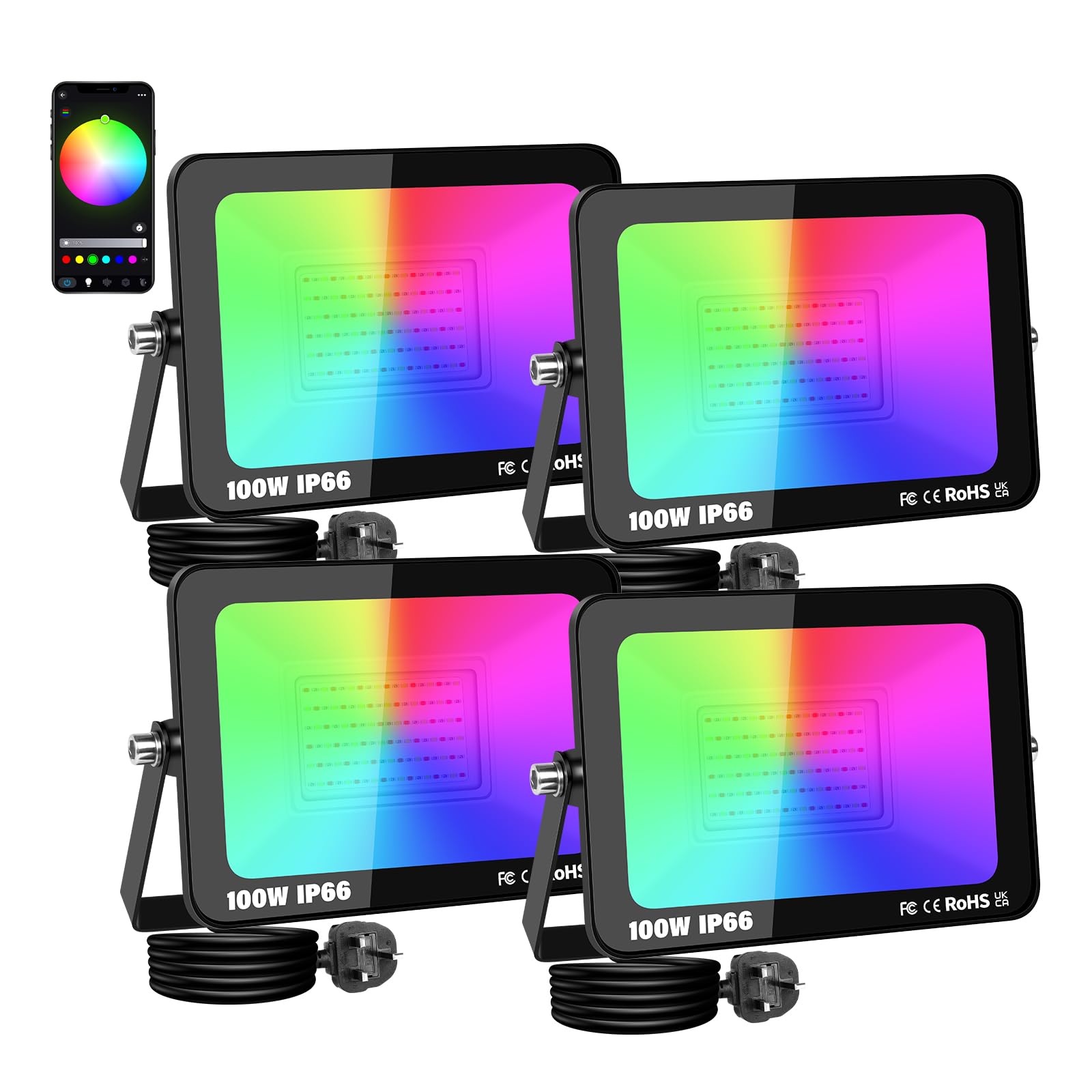 SKYWORLD 100W Smart LED RGB Spotlight, Remote Control & Bluetooth App Color-Changing Flood Light for Backyard, Garden, Garage (4-Pack)