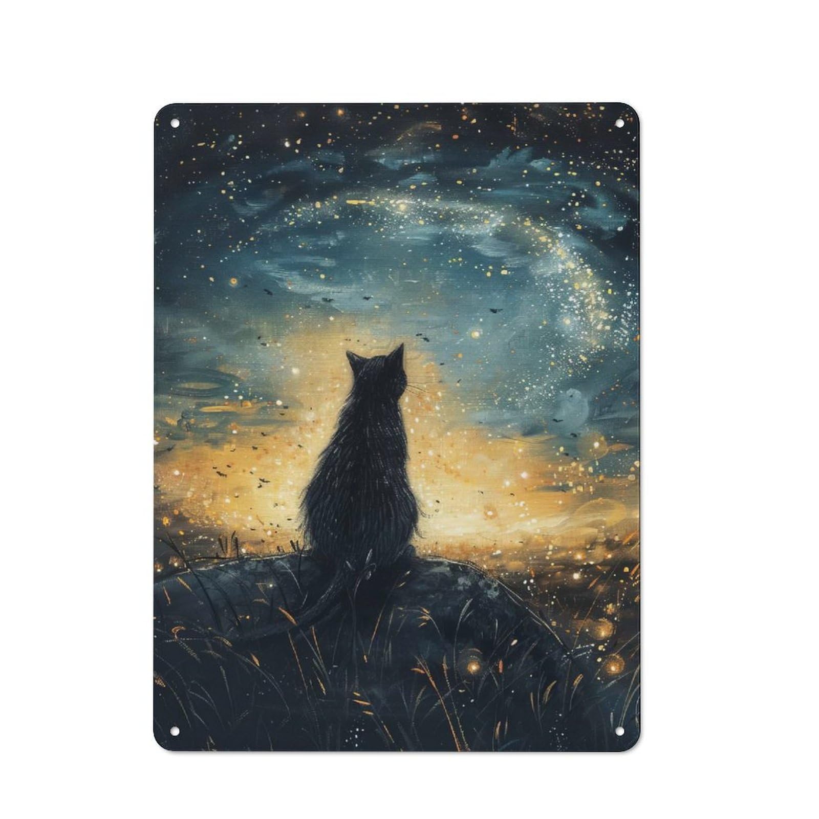 Garage Style Black Cat Gazing at Starry Sky Decorative Metal Plaque 40x30cm, Garage Wall Decor for Workshop, Basement, Shed Or Games Room