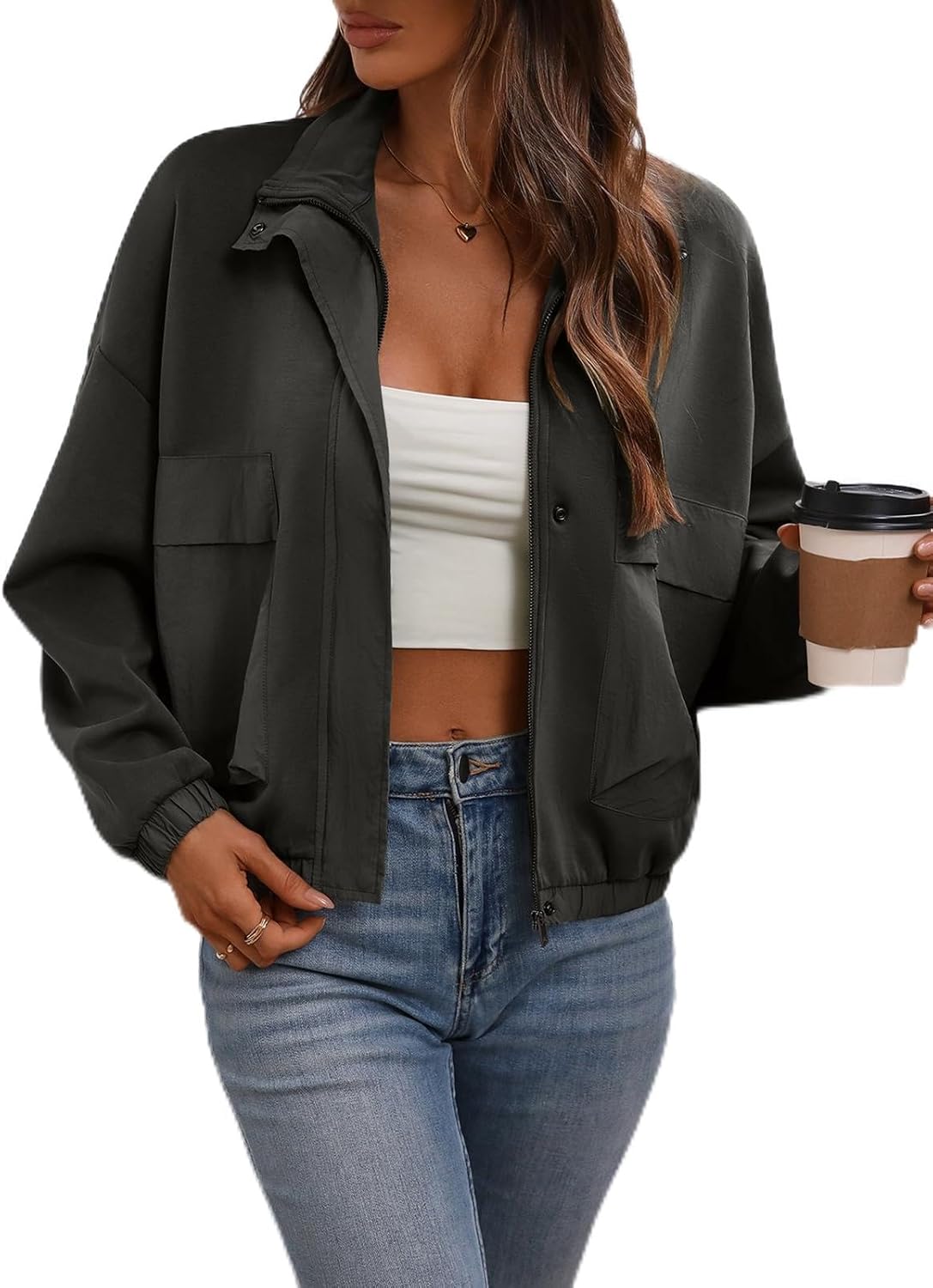 FLYCURVY Women's Cropped Oversized Safari Jackets Zip Up Stand Collar Neck Long Sleeve Utility Anorak jacket with Pocket